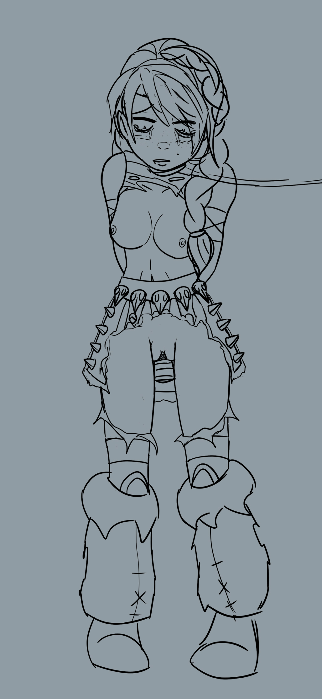 arm strap, arms behind back, astrid hofferson, blush, braid, breasts, breasts out, circlet, constricted pupils, crying, dildo, drooling, full body, fur boots, how to train your dragon, how to train your dragon 2, knee pads, leash, looking down, monochrome, nipples, parted lips, restrained, rtf12, simple background, single braid, sketch, slave, slave girl, standing, tears, torn clothes, torn leggings, torn shirt, torn skirt, vaginal object insertion