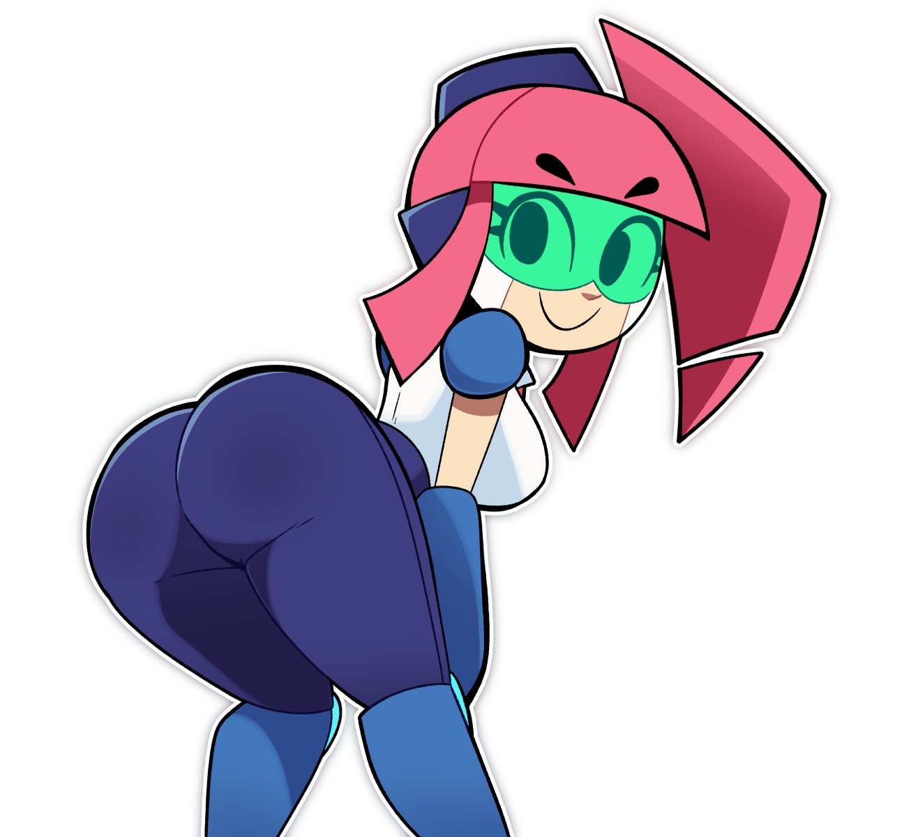 ass, ass up, breasts, bubble butt, cyborg, cyborg chan (scott falco), cyborg girl, female, large ass, large breasts, oc, original character, pink hair, presenting, presenting hindquarters, robot, robot girl, robot humanoid, scott falco, scottfalco (artist), smile, tinted eyewear, visor