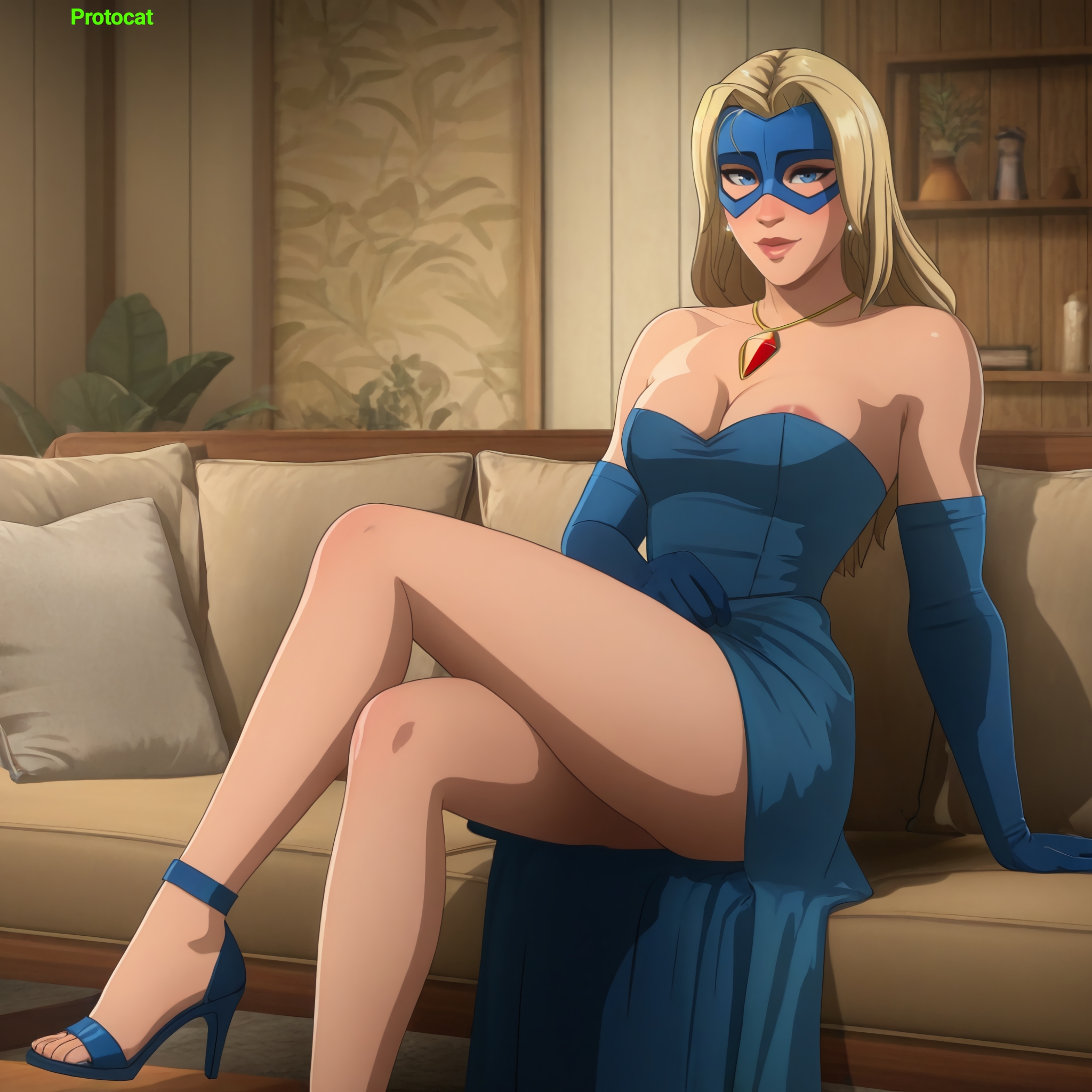 1girls, ai assisted, ai generated, ankle strap heels, areola, areolae, areolae slip, armwear, bare legs, bare shoulders, blonde blazer, blonde female, blonde hair, blue clothing, blue dress, blue eyes, blue footwear, blue gloves, breasts, cleavage, dispatch (game), dress, earrings, elbow gloves, female, footwear, full lips, gemstone, gloved hands, gloves, half mask, heels, high heels, indoors, jewelry, legs, legs crossed, light skin, light-skinned female, lips, long dress, mask, masked female, necklace, official alternate costume, on sofa, protocat, side view, sitting, slender legs, sofa, solo, solo female