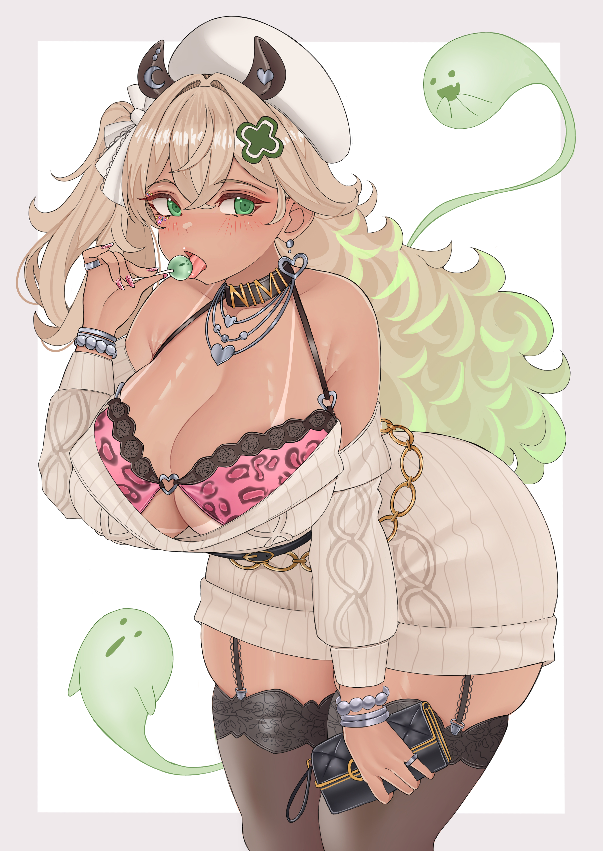 0naer, absurdres, animal ears, animal print, bag, black bag, black choker, black thighhighs, blonde hair, bracelet, breasts, brown hair, candy, cardigan, choker, cleavage, dark skin, dark-skinned female, dress, female, food, green dress, green eyes, gyaru, hair between eyes, handbag, hat, highres, holding, holding bag, holding candy, holding food, holding lollipop, indie virtual youtuber, jewelry, large breasts, leopard print, lollipop, long hair, long sleeves, looking at viewer, multiple bracelets, multiple necklaces, naer0, naplings (nimi nightmare), necklace, nimi nightmare, nurse cap, one side up, red nails, simple background, solo, taiko3000cc, tan, tanline, tapir ears, tapir girl, thighhighs, virtual youtuber, white background