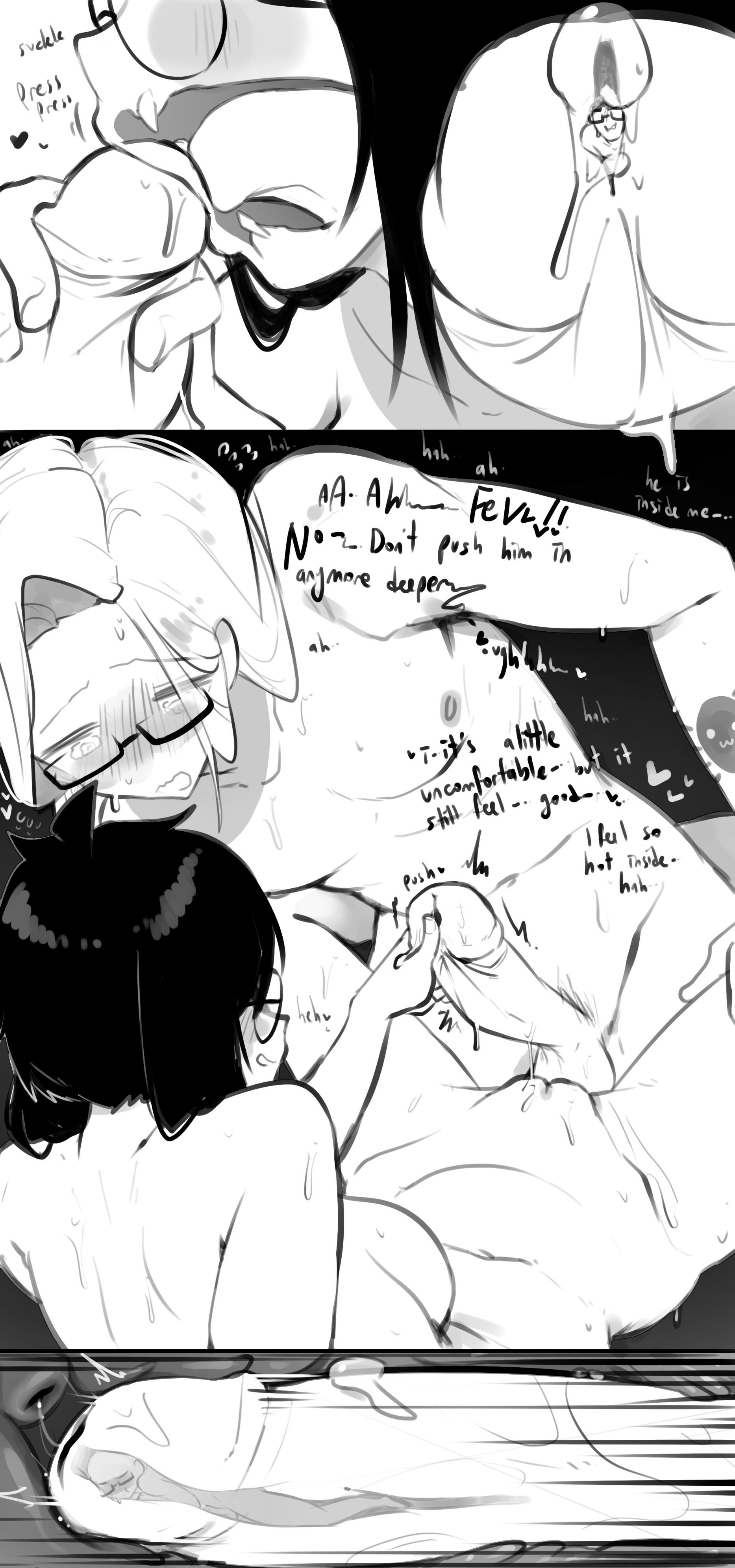 1girls, 2boys, artist insert, balls, blush, cock vore, comic, english, faceless male, fellatio, female, fevv (littlefevil), giant, giant couple, glasses, gts, littlefevil, macro, macro female, macro male, macro/micro, male, micro, micro male, miniguy, monochrome, on penis, oral, panels, penis, pussy, straight, testicles, text, vaginal penetration, vore, xray