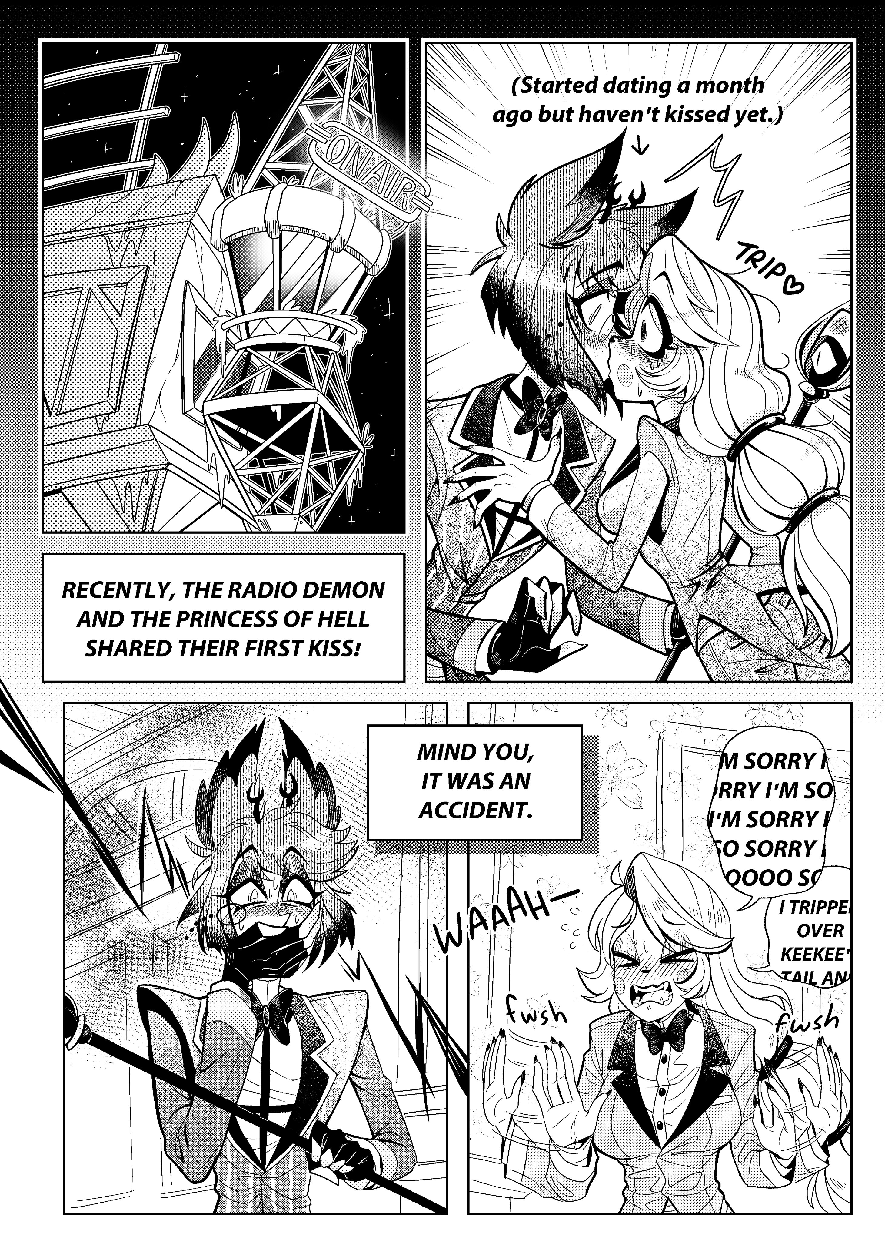 1boy, 1girls, alastor (hazbin hotel), charlastor, charlie morningstar, charlie morningstar (hazbin hotel), deer antlers, deerlydepart, doujinshi, female, hazbin hotel, highres, male, monochrome