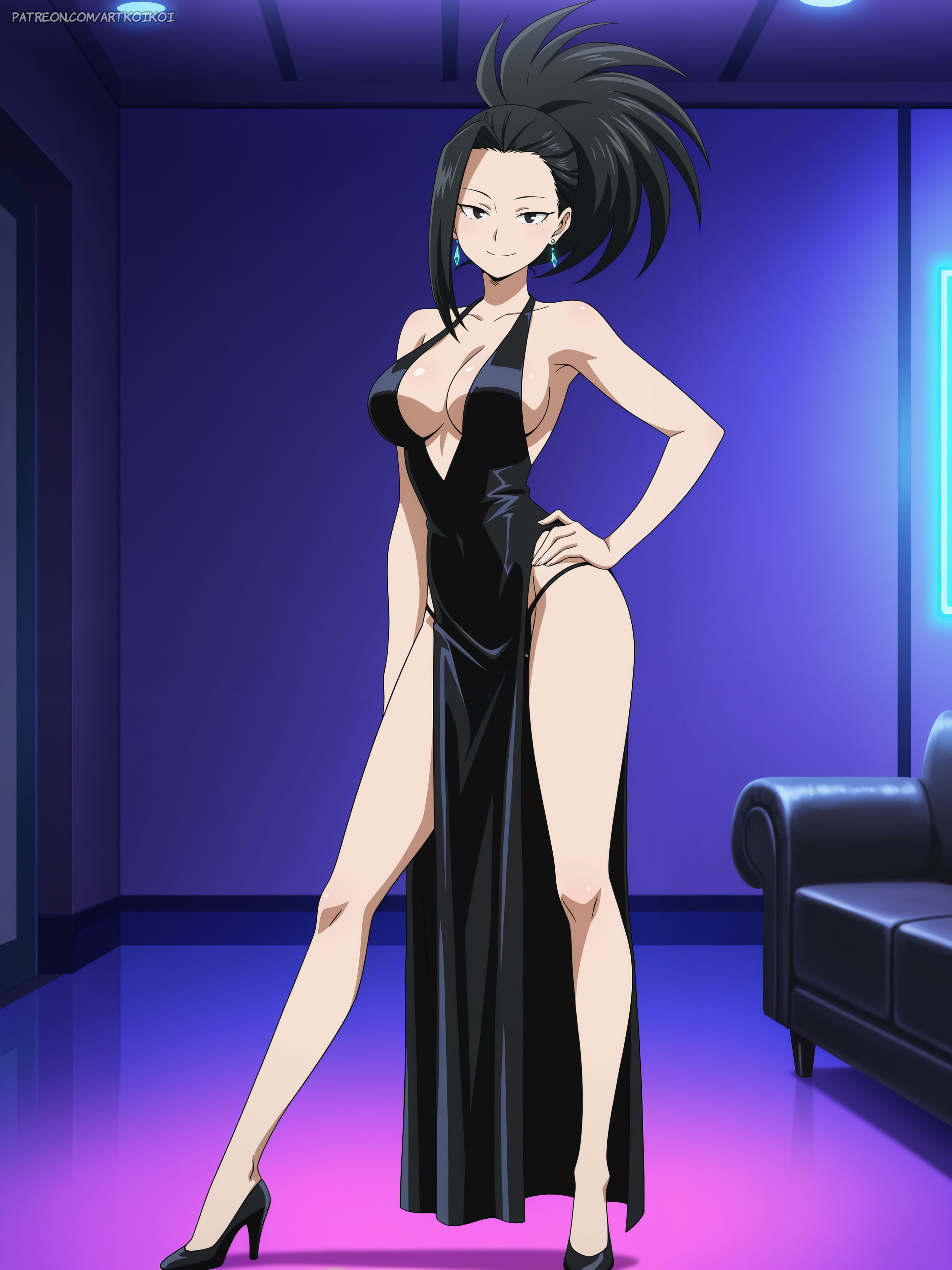 1girls, ai generated, artkoikoi, big breasts, black hair, black-haired female, boku no hero academia, breasts, cleavage, couch, diamond earrings, dress, earrings, elegant, female, fit, fit female, hero, heroine, high heels, highres, hourglass figure, long hair, looking at viewer, momo yaoyorozu, my hero academia, panties, panties visible, posing for the viewer, room, sideboob, smile at viewer, string panties, yaoyorozu momo