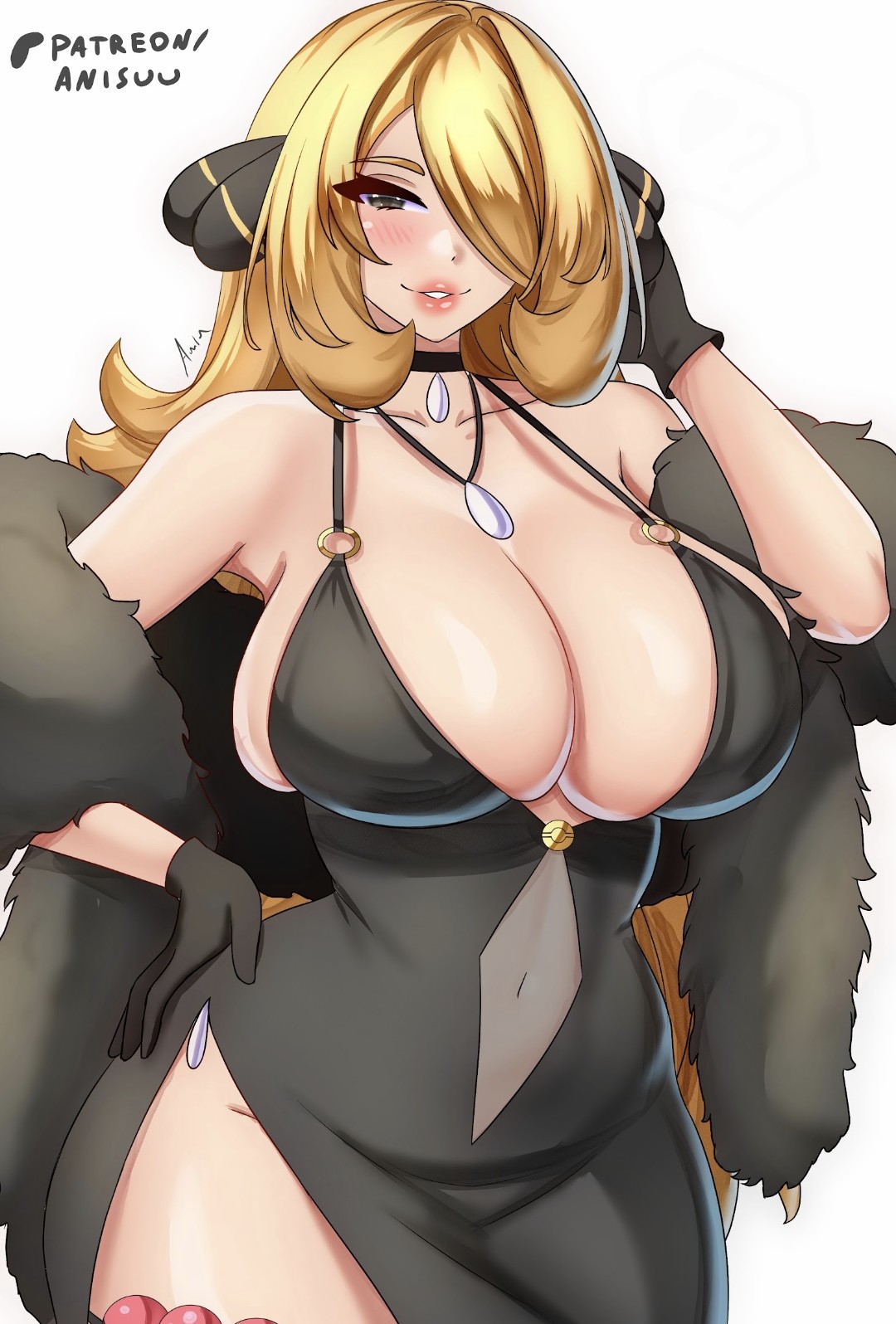 1girls, anisdrawn, blonde hair, breasts, cynthia (pokemon), dress, female, female focus, female only, game freak, large breasts, light skin, light-skinned female, long hair, looking at viewer, nintendo, pokemon, pokemon dppt, thick thighs, thighs, voluptuous, wide hips