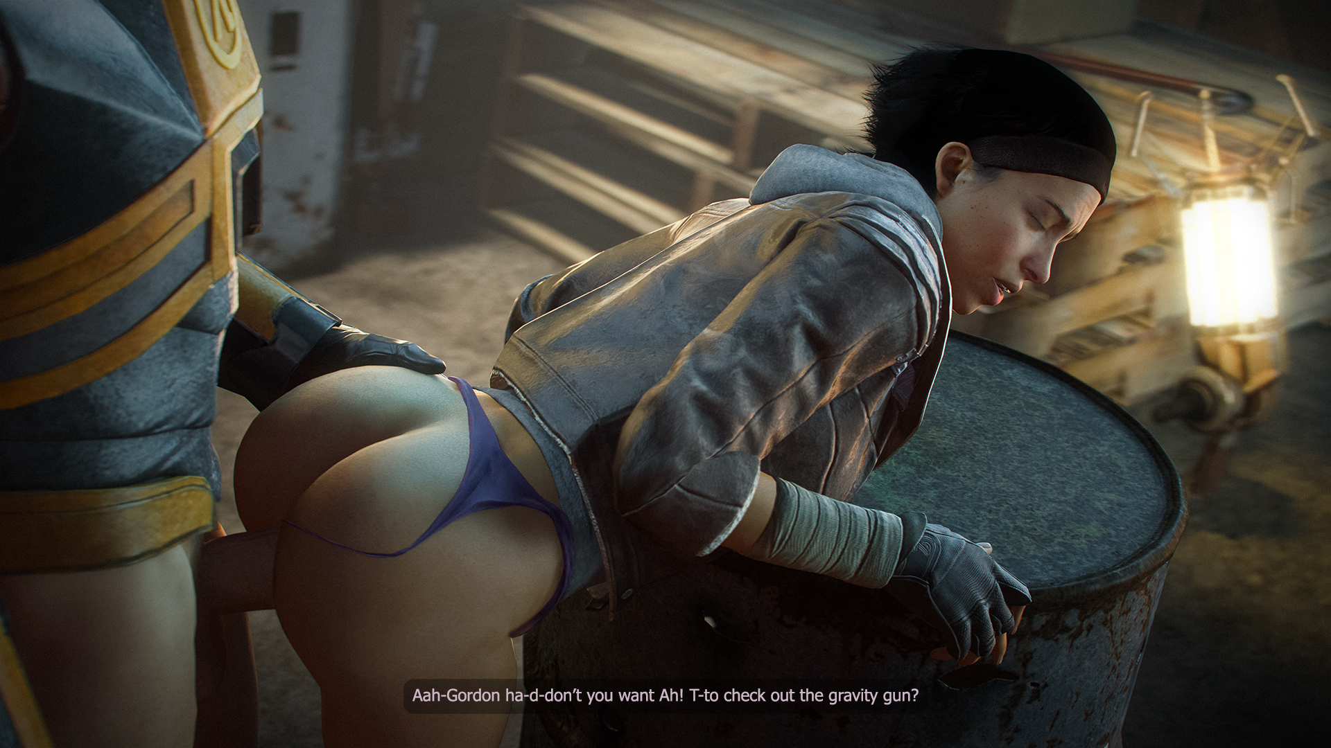 1bc04, 1boy, 1girls, 3d, alyx vance, alyx vance (half-life:alyx), bent over, dialogue, english text, erect penis, erection, female, female penetrated, from behind, gordon freeman, half-life (series), half-life 2, hev suit, human, human female, human male, human only, human penetrated, human penetrating, human penetrating female, human penetrating human, male, male penetrating, male penetrating female, panties, panties aside, penetration, penis, purple panties, pussy, sex, straight, talking, talking to partner, text, underwear aside, vaginal penetration