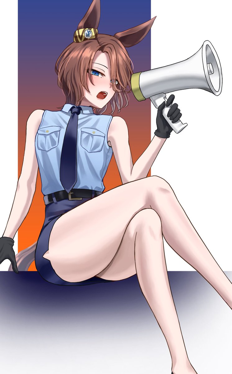 1female, 1girls, aderi1020, animal ears, armpits, cosplay, female, female only, horse ears, horse girl, legs, looking at viewer, narita taishin (umamusume), police uniform, policewoman, tie, umamusume, umamusume pretty derby