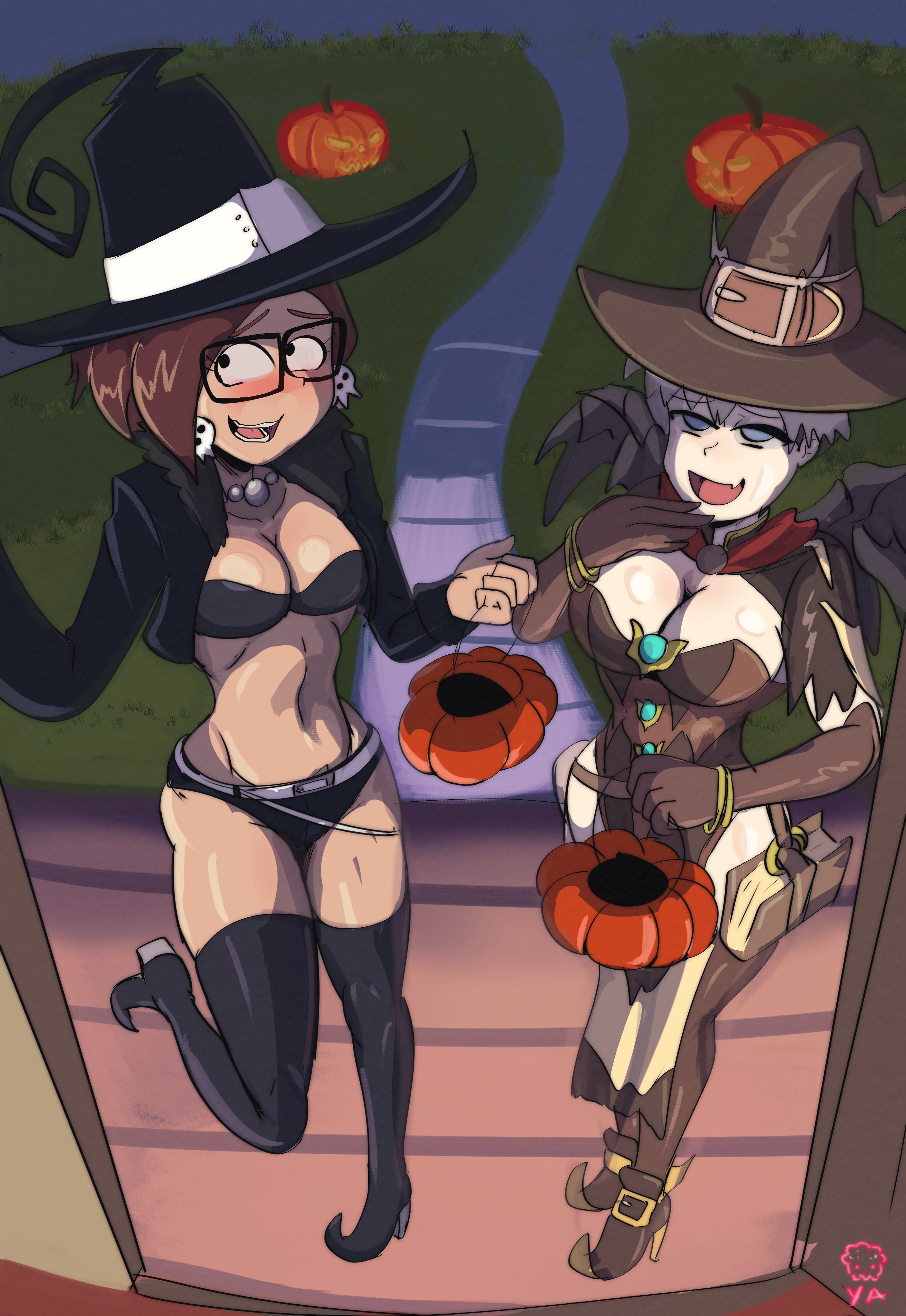 2girls, big breasts, blair (soul eater) (cosplay), blue eyes, blush, boots, breasts, brown hair, cleavage, cosplay, crossover, eastern and western character, female, female only, flustered, glasses, grey hair, halloween, halloween costume, hat, katie mitchell, large breasts, mercy (cosplay), multiple females, multiple girls, overwatch, overwatch 2, pale skin, pumpkin, short hair, silver hair, smug, smug grin, soul eater, tan skin, the mitchells vs. the machines, thick thighs, thighhighs, trick or treat, uzaki hana, uzaki-chan wa asobitai!, witch hat, witch mercy, yoshikage anon