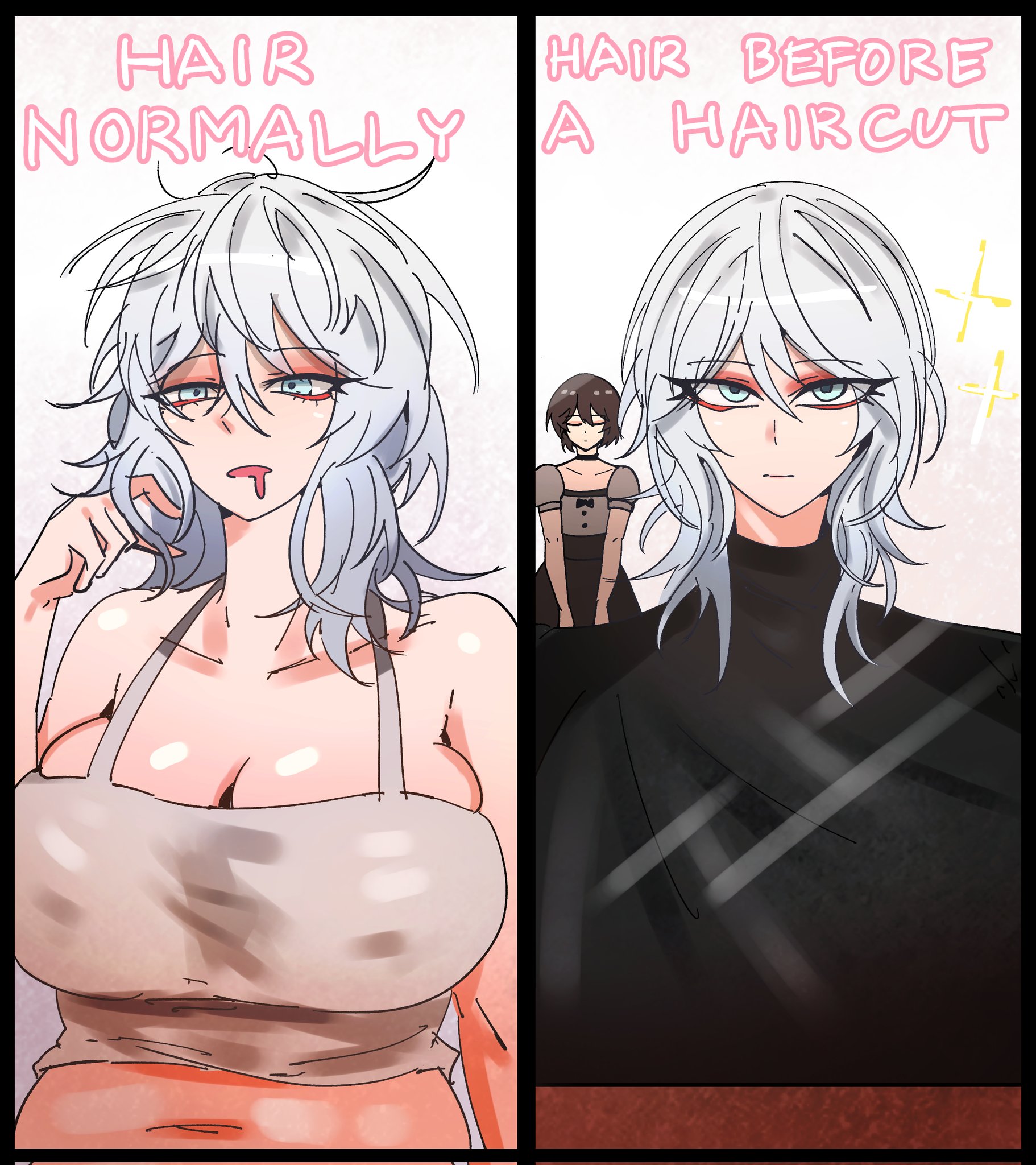1girls, arczaeon, breasts, cleavage, drooling, faust (limbus company), female, female only, huge breasts, human, large breasts, limbus company, project moon, text, voluptuous, white hair