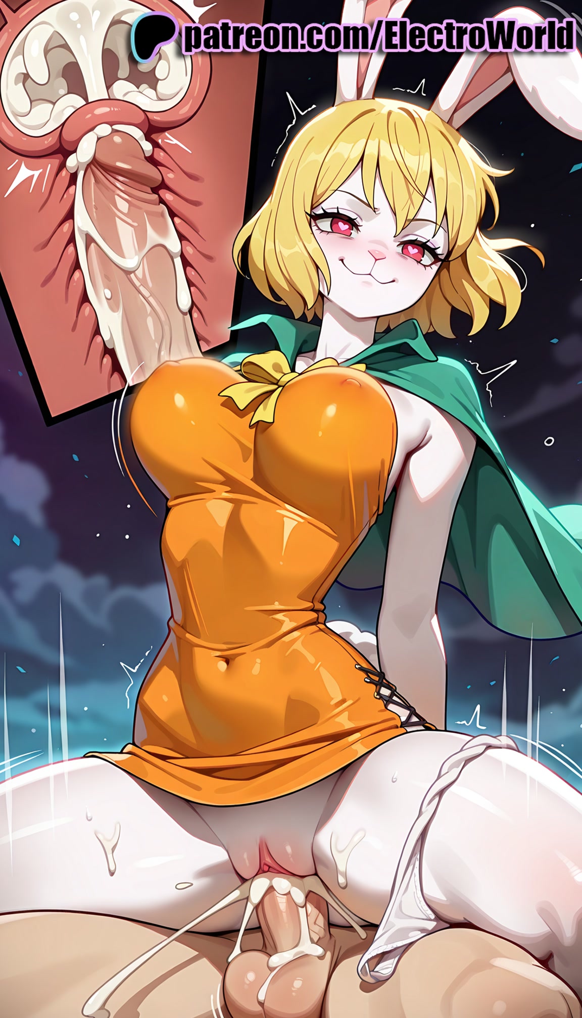 1boy, 1girls, 2025, after vaginal, ai generated, animal ears, artist name, balls, blonde hair, blush, breasts, bust, carrot (one piece), cervix, chest, clit, clitoral hood, clitoris, clothed sex, cock, covered navel, cowgirl position, cross section, cum, cum in pussy, deep penetration, dick, dress, ejaculation, electroworld, exposed clitoris, exposed pussy, female, fucking, furry, furry female, heart-shaped pupils, hi res, high quality, high resolution, highres, intercourse, internal cumshot, juicy pussy, legs apart, legs spread, love making, male, motion lines, night, night sky, one piece, open legs, orange shirt, orgasm, overflow, ovum, panties, panties around one leg, patreon, patreon username, penetration, penis, pussy, rabbit ears, rabbit girl, rabbit tail, red eyes, reverse cowgirl position, sex, sex from behind, sexual intercourse, shiny, shiny hair, shiny skin, short hair, solo focus, space, sperm cell, splayed legs, spread legs, stable diffusion, star (sky), starry sky, straddling, straight, testicles, tight pussy, trembling, uncensored, underwear, uterus, vagina, vaginal penetration, watermark, x-ray