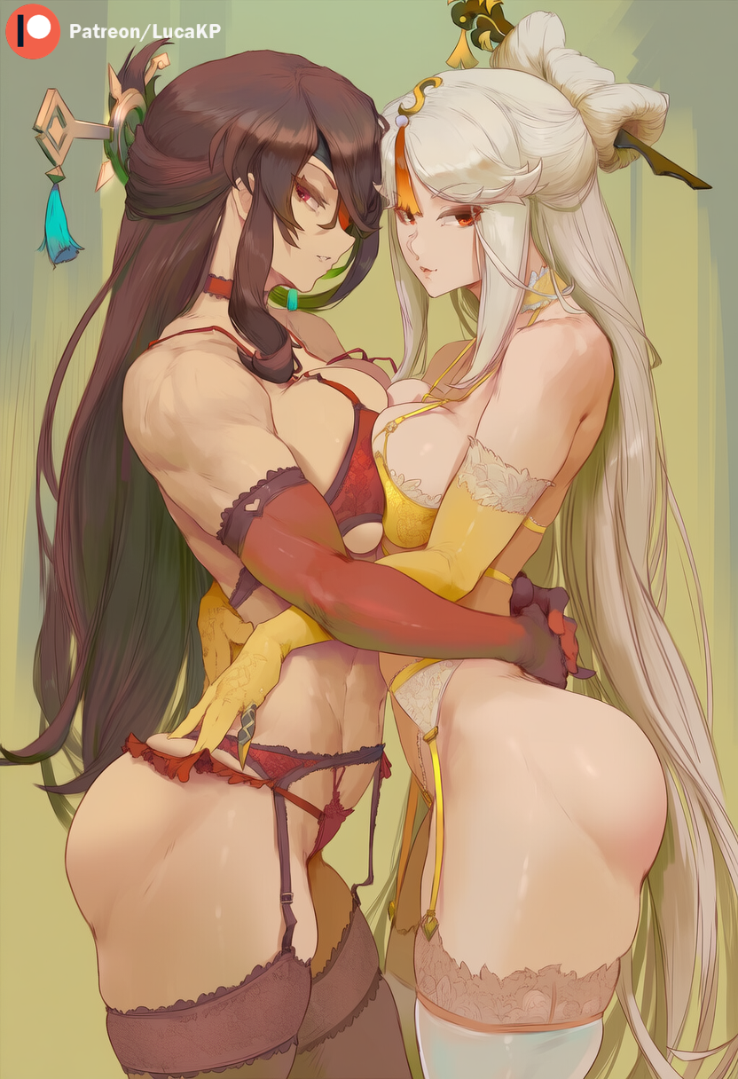 2girls, ai generated, ass, beidou (genshin impact), breasts, breasts pressed against partner, breasts pressed together, brown hair, female, female only, genshin impact, hoyoverse, hugging, large breasts, lesbian couple, lingerie, long hair, looking at viewer, lucakp, mihoyo, muscular, ningguang (genshin impact), patreon, patreon link, patreon logo, patreon url, patreon username, red lingerie, seductive, seductive eyes, seductive look, simple background, tagme, toned, toned female, white hair, yellow lingerie, yuri
