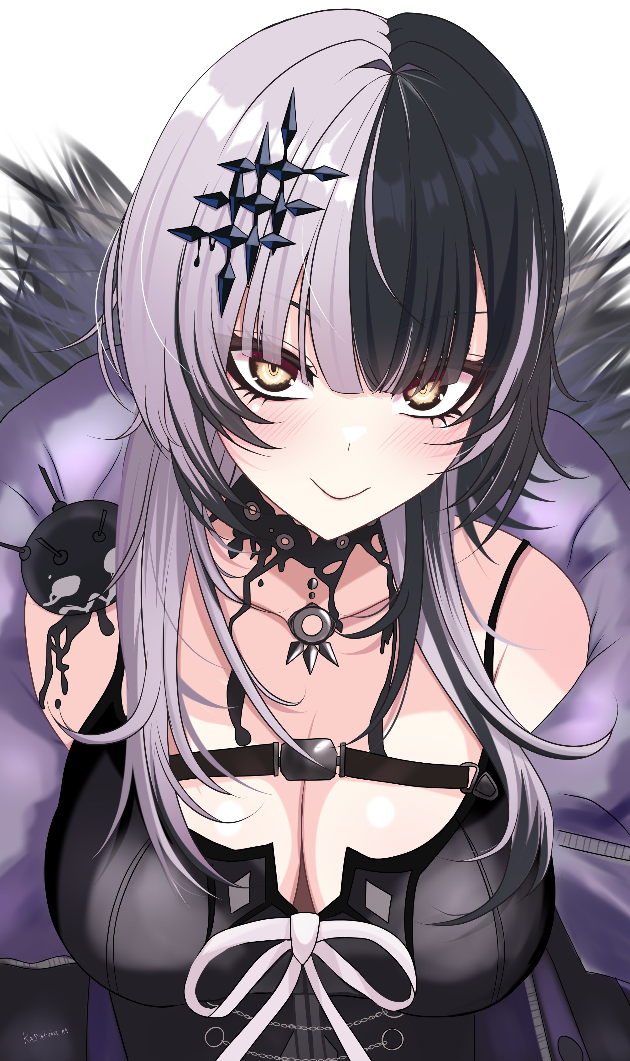 1girls, arms behind back, bare shoulders, big breasts, black hair, breasts, clothed, clothing, collar, female, female only, fully clothed, goth, happy, hi res, hololive, hololive english, hololive english -advent-, kasuterastellar, light skin, light-skinned female, looking at viewer, multicolored hair, purple hair, shiori novella, shiori novella (1st costume), simple background, smiley face, solo, two-tone hair, virtual youtuber, white background, white skin, yellow eyes