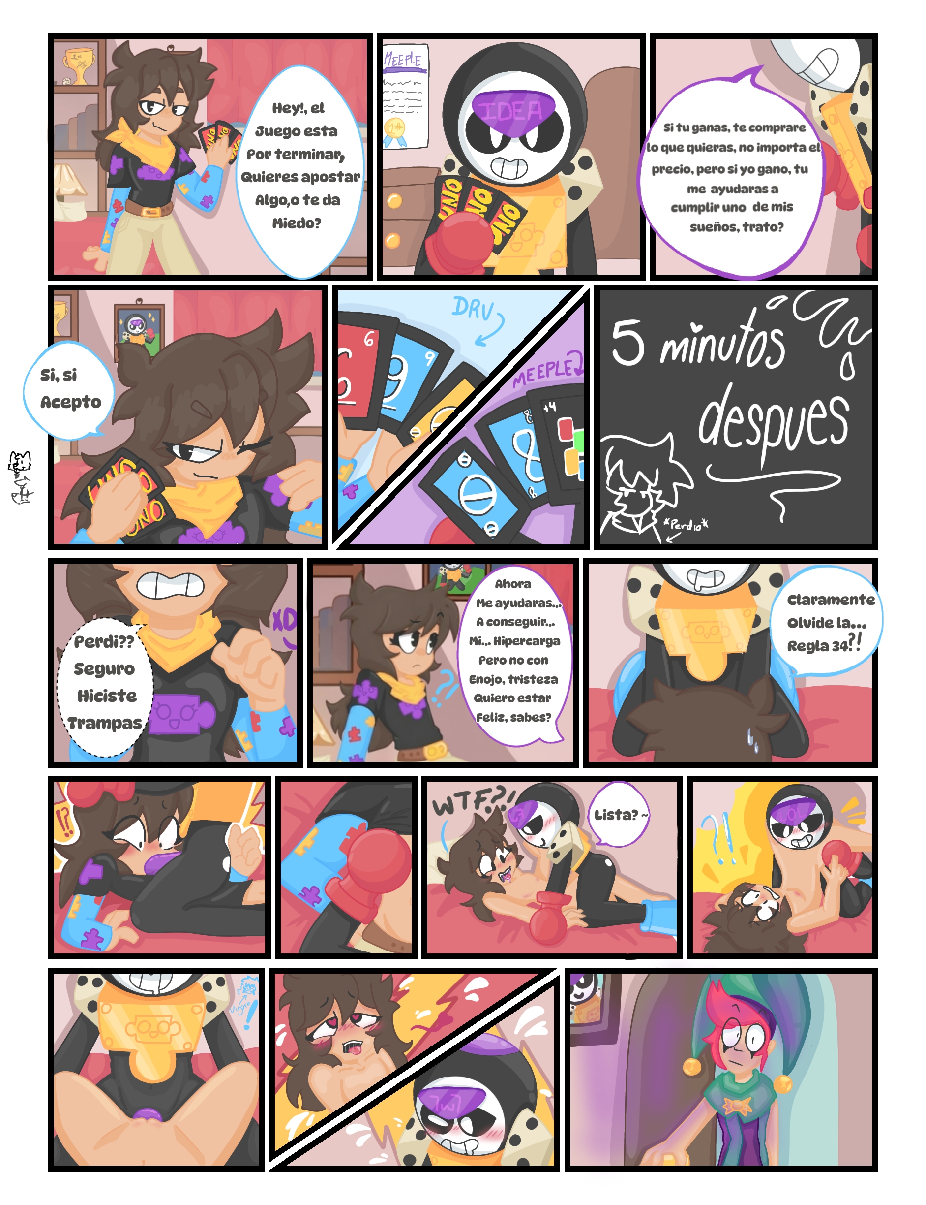 1boy, 1girls, bean smile, black eyes, blowjob, blush, brawl stars, brawler, brown hair, chester (brawl stars), comic, comic page, dialogue, drool, female, female pov, heart, heart-shaped pupils, light skin, lost bet, male, meeple (brawl stars), missionary position, mrs.boxxxy, open mouth, original character, smug, spanish text, surprised, text, tongue, tongue out, uno (game), walked in on