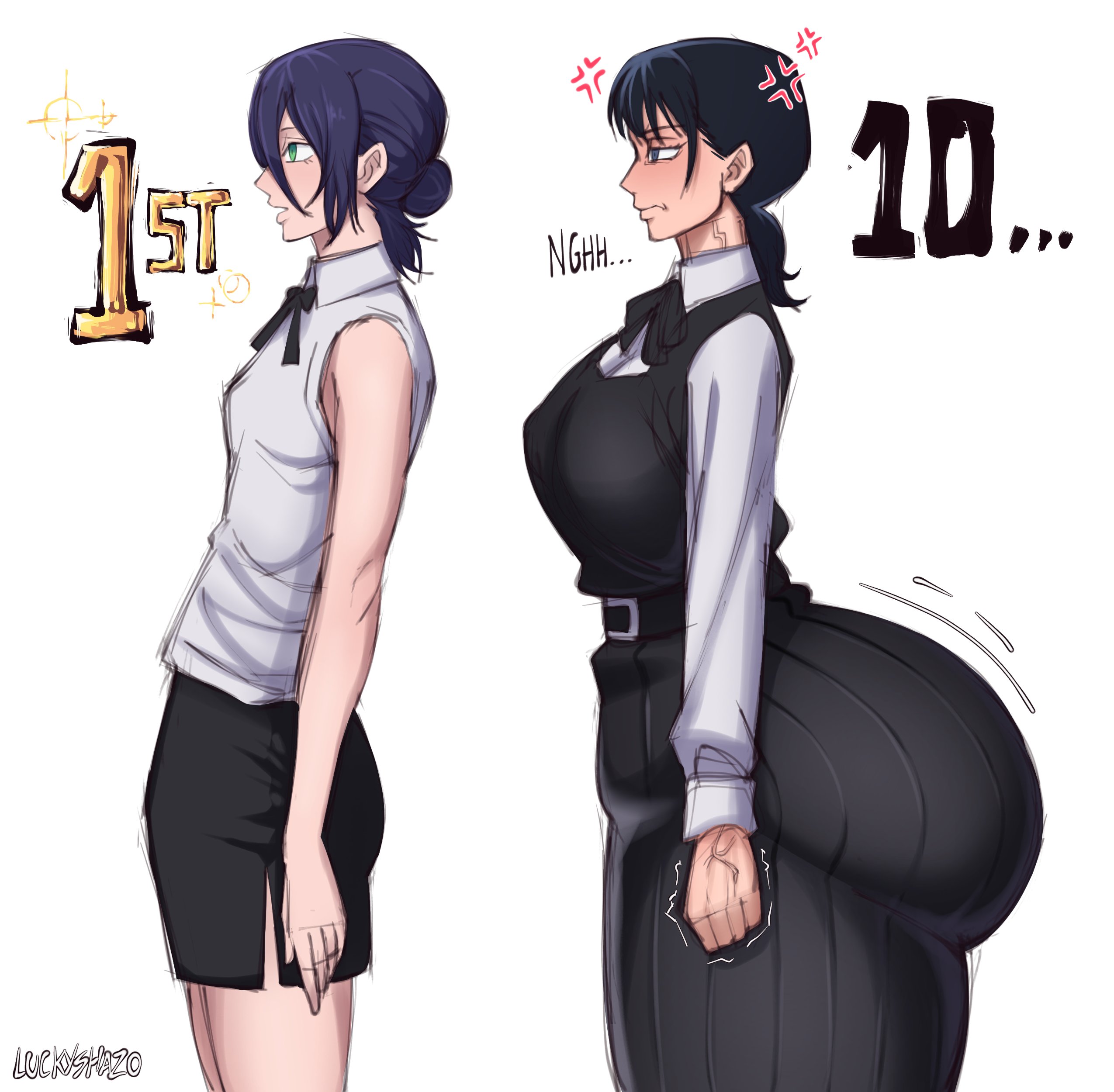 2girls, ass, ass comparison, big ass, chainsaw man, different ass sizes, fat ass, female, female only, fourth east high school uniform, hips wider than shoulders, huge ass, luckyshazo, massive ass, mitaka asa, poorly tagged, popularity contest, reze (chainsaw man), side view, small ass, small breasts, standing