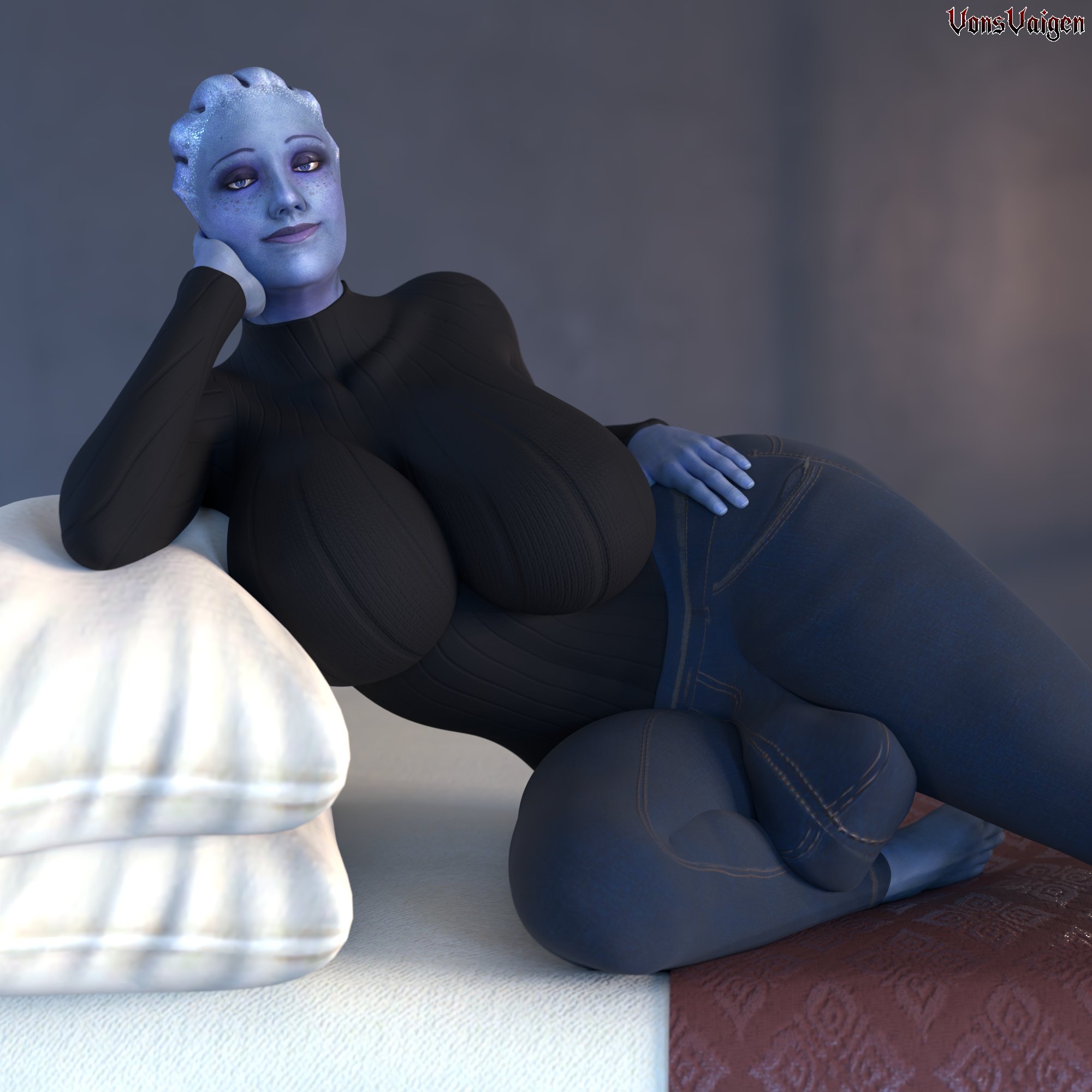 1futa, 3d, alien, asari, big breasts, bioware, blue skin, breasts, bulge, bulge through clothing, clothed, clothing, fully clothed, fully clothed futa, futanari, huge breasts, intersex, liara t'soni, mass effect, solo, vonsvaigen