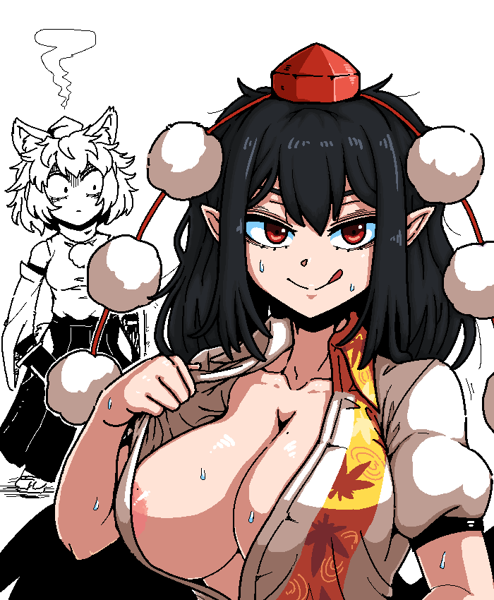 black_hair breasts clothed exposed_breasts female formicid large_breasts licking_lips momiji_inubashiri shameimaru_aya sweat tagme touhou