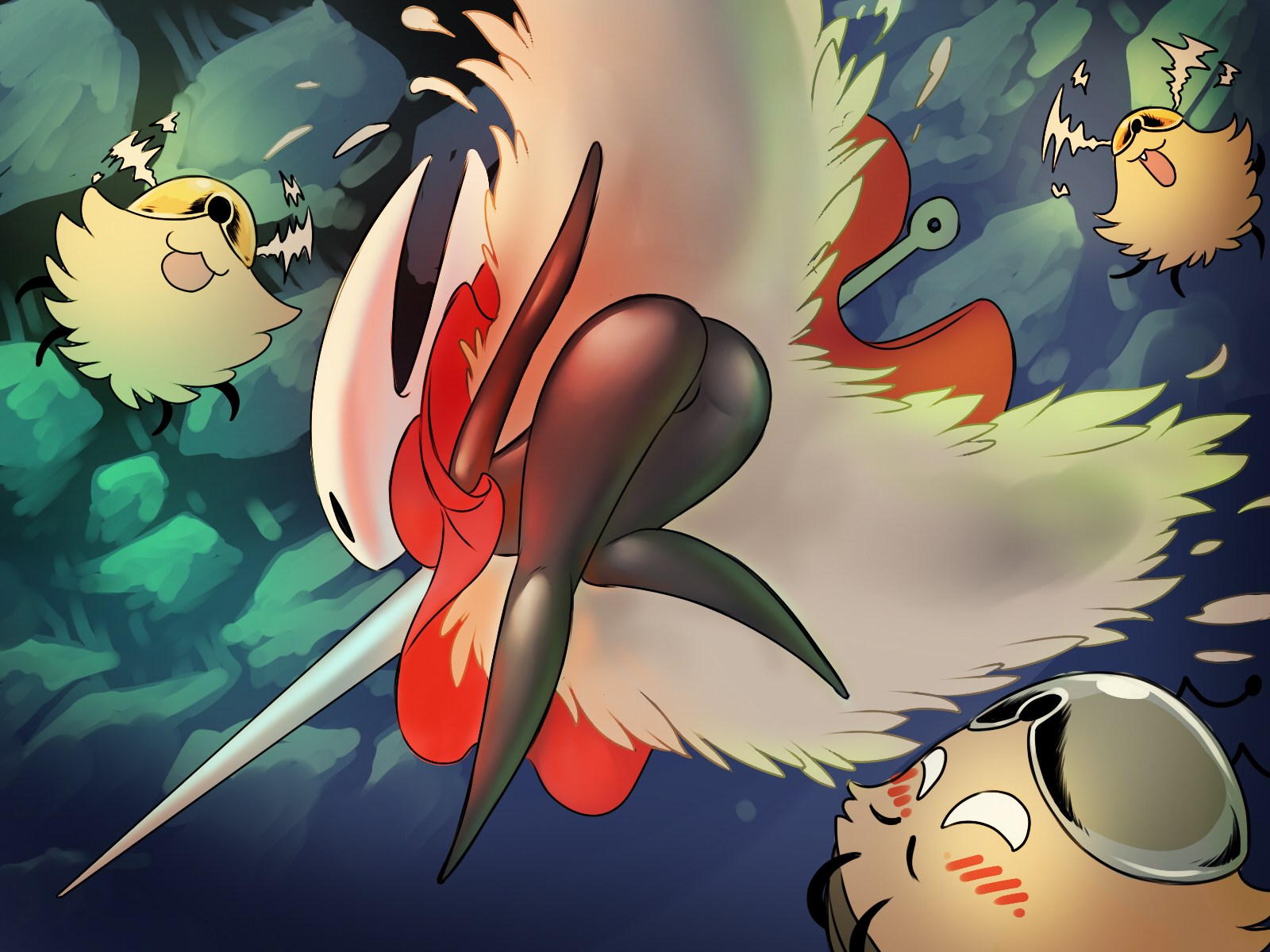 1girls, 2 horns, alternate body type, alternate breast size, arthropod, artist name, big ass, big breasts, big butt, black body, black skin, breasts, bubble ass, bubble butt, bug, bug girl, exposed ass, female, female only, flea (hollow knight), hollow knight, hollow knight: silksong, hornet (hollow knight), kratt (hollow knight), large ass, large breasts, large butt, looking up skirt, silksong, source request, team cherry, upskirt