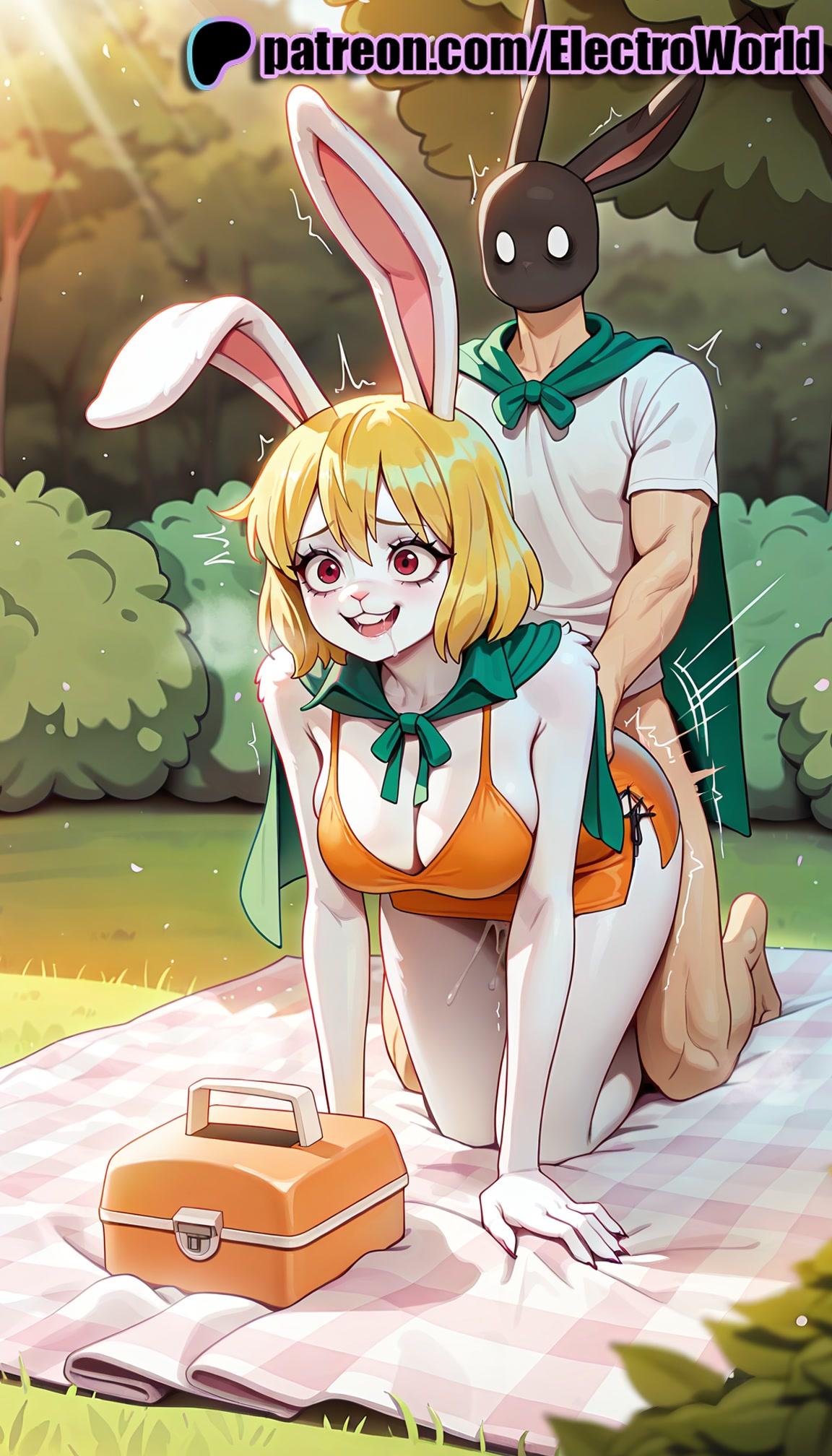 ^^^, 1boy, 1girls, 2025, ai generated, all fours, animal ears, artist name, blanket, blonde hair, bottomless, breasts, bunny, bunny hood, bush, bust, carrot (one piece), checkered, chest, clothed sex, cum, day, doggy style, doggystyle position, drooling, electroworld, female, from behind, from behind position, fucking, furry, furry female, grass, hi res, high quality, high resolution, highres, intercourse, love making, male, motion lines, muscular, one piece, outdoors, patreon, patreon username, penetration, playboy bunny, rabbit ears, rabbit girl, rabbit tail, rear entry, red eyes, rolling eyes, saliva, sex, sex from behind, sexual intercourse, short hair, stable diffusion, straight, tail, tree, trembling, watermark