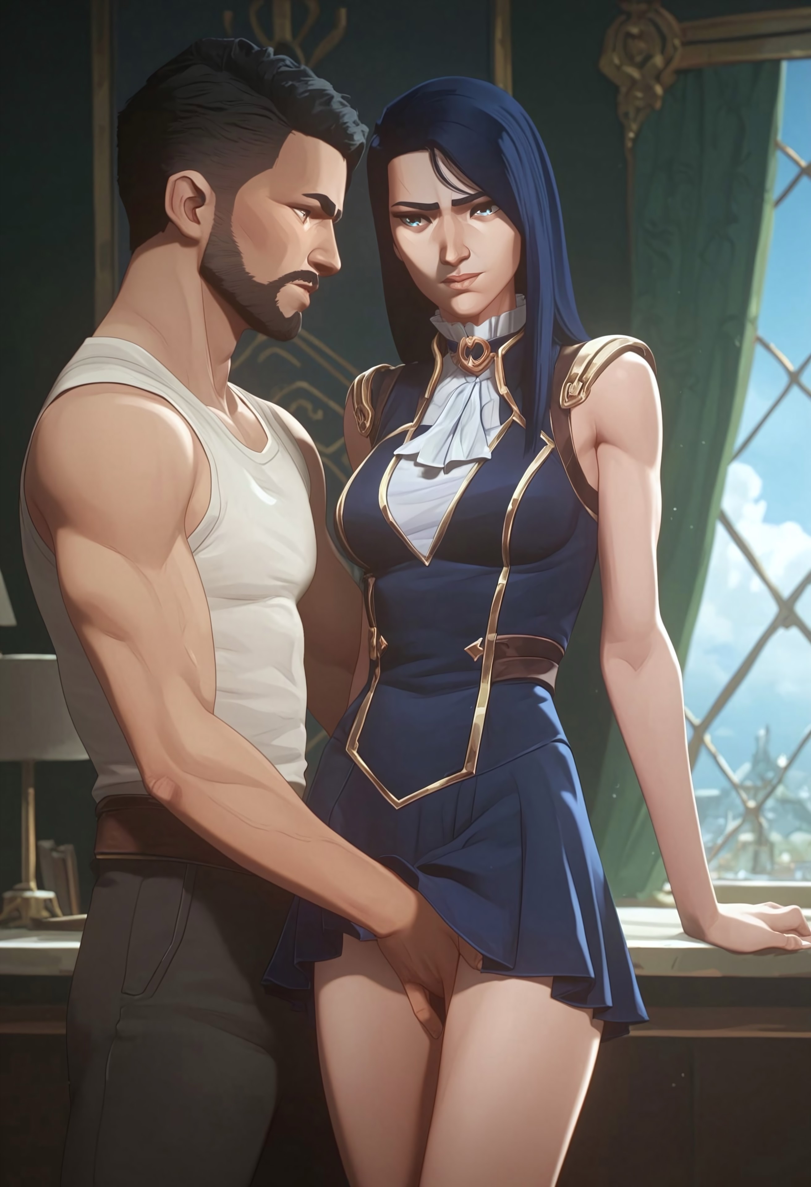 ai generated, arcane, blue eyes, blue hair, caitlyn kiramman, female, fingering, fingering partner, groping, league of legends, male, netflix, pleasured, skirt, skirt lift, slim, uniform