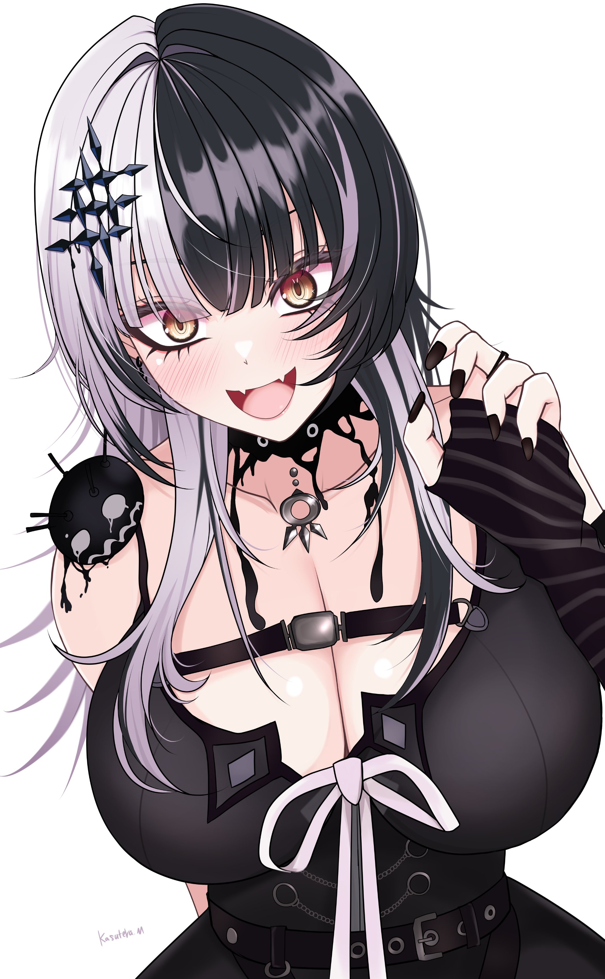 1girls, arm behind back, bare shoulders, big breasts, black hair, breasts, clothed, clothing, collar, fangs, female, female only, fully clothed, happy, hi res, hololive, hololive english, hololive english -advent-, kasuterastellar, light skin, light-skinned female, looking at viewer, multicolored hair, purple hair, shiori novella, shiori novella (1st costume), simple background, smiley face, solo, virtual youtuber, white background, white skin, yellow eyes