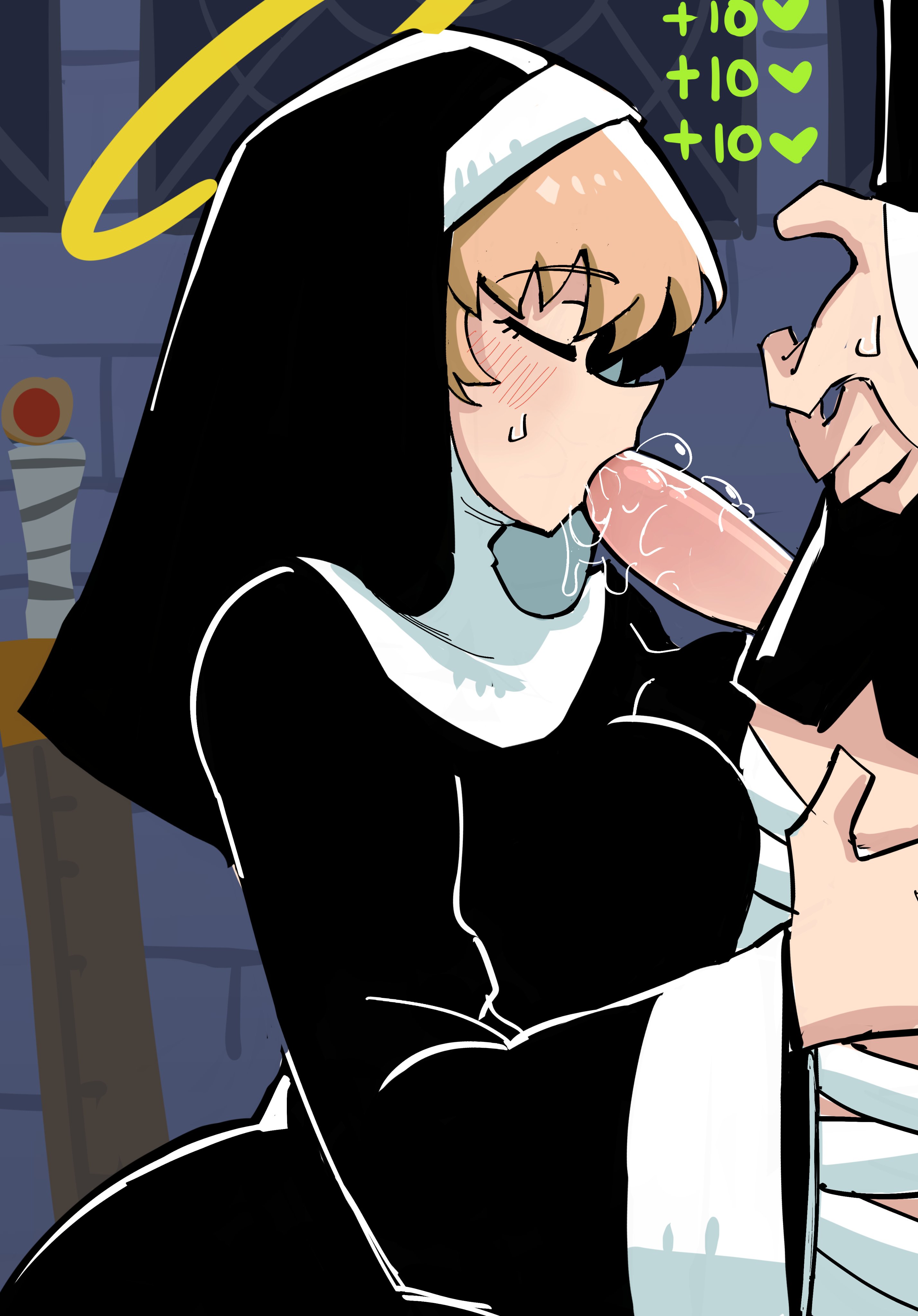 1boy, 1girls, ass, big breasts, blonde hair, blowjob, blush, breasts, cleric, closed eyes, clothed, fellatio, female, halo, healer, healing, healslut, heart, lunatheri, male, nun, nun outfit, original, saliva, short hair, sweat