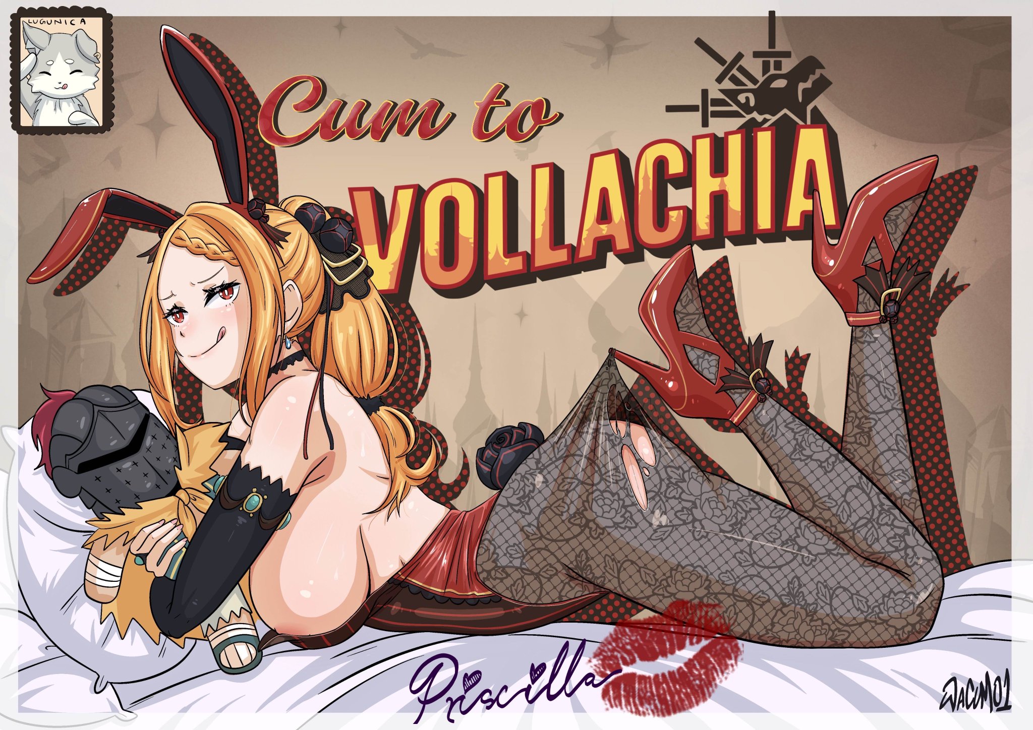 aldebaran (re:zero), areola, areola slip, areolae, areolae slip, ass, bed, big ass, big breasts, black rose, breasts, bunny ears, bunnysuit, card, earrings, exposed ass, exposed breasts, exposed nipples, female, grabbing, heels, invitation, kiss, kiss mark, lace pantyhose hooked on heel (meme), laying on bed, laying on stomach, legs up, licking, licking lips, lipstick, orange hair, pillow, plush, plushie, postcard, priscilla barielle, puck (re:zero), re:zero kara hajimeru isekai seikatsu, red bunny ears, red bunnysuit, red eyes, red heels, ripped clothing, ripping, rose, rose (flower), sexy, sexy pose, signature, tagme, tied hair, tights, wacum, watermark, white border