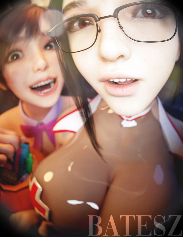 2girls, 3d, android, batesz, big breasts, big thighs, black hair, blender, breasts, brown eyes, brown hair, bunny costume, bunny ears, bunnysuit, candies, cross nipple cover, eve (stellar blade), female, female focus, glasses, green eyes, halloween, halloween costume, halloween theme, huge breasts, lily (stellar blade), lily artemis ii, nurse costume, nurse outfit, playstation, shift up, stellar blade, trick or treat
