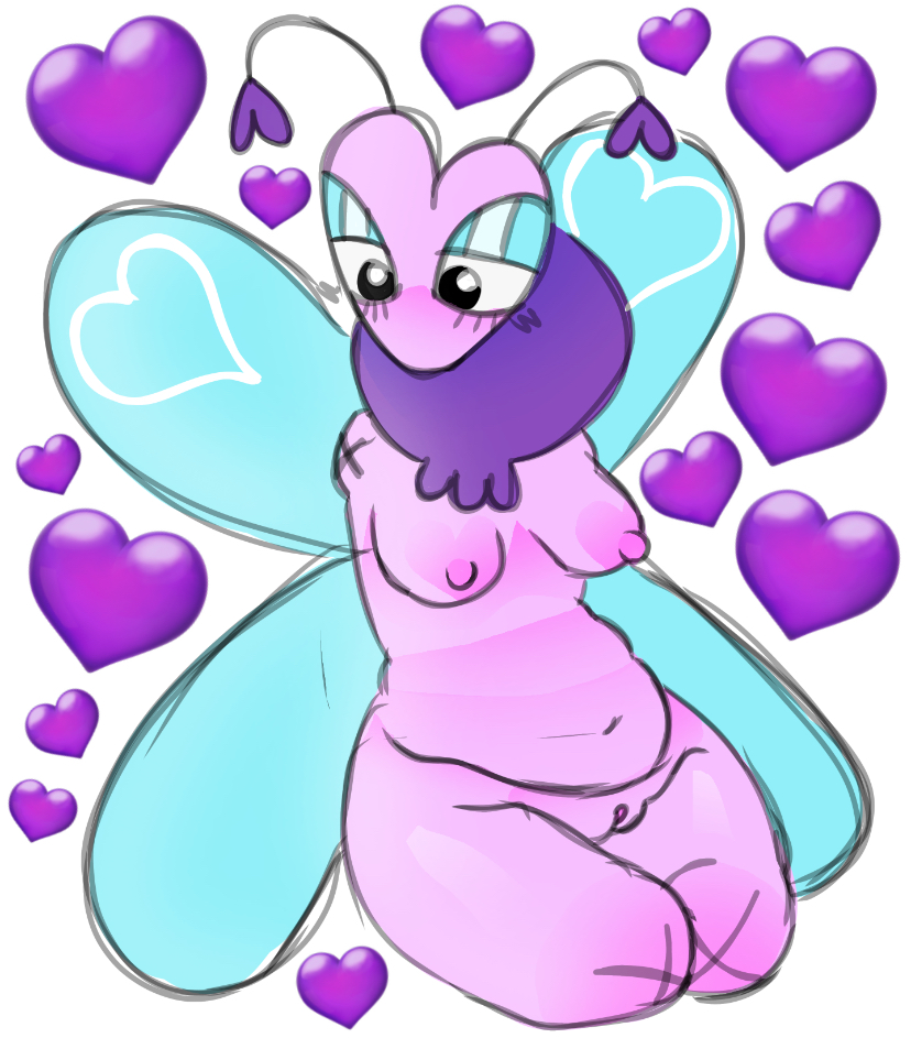 butterfly wings, chubby female, dandy's world, dandys world, female, flutter (dandy's world), heart, naked, naked female, no limbs, no panties, purple nipples, pussy, quadruple amputee, shaved pussy