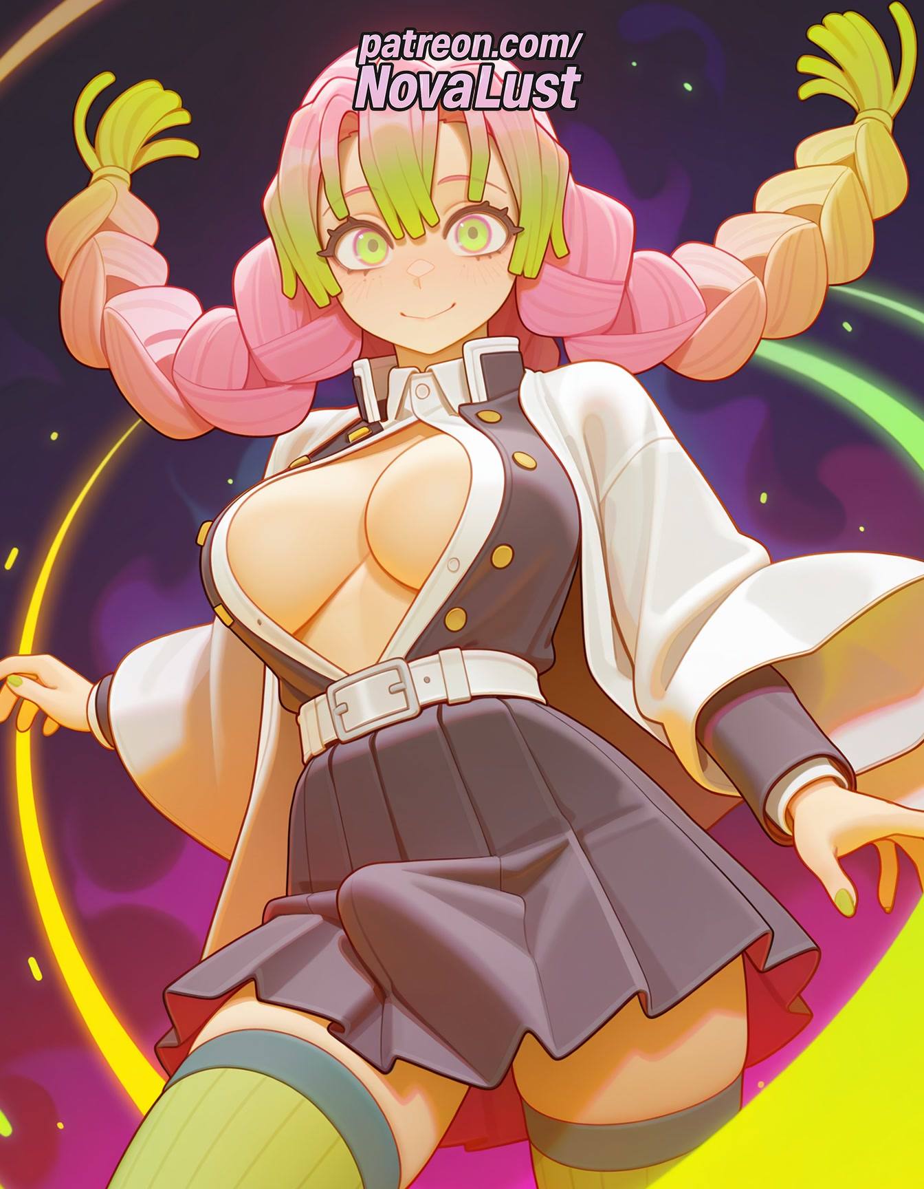 1futa, 2025, ai generated, artist name, bangs, belt, breasts, bust, chest, cleavage, closed mouth, cowboy shot, demon slayer, futanari, gradient hair, green eyes, green hair, haori, heart, hi res, high quality, high resolution, highres, intersex, japanese clothes, kanroji mitsuri, kimetsu no yaiba, long hair, long sleeves, mole, mole under eye, multicolored hair, nail polish, novalust, partially unbuttoned, patreon, patreon username, pink hair, pink nails, pleated skirt, skirt, smile, solo, stable diffusion, sword, thighhighs, thighs, uniform, watermark, weapon, white belt, wide sleeves, yellow background