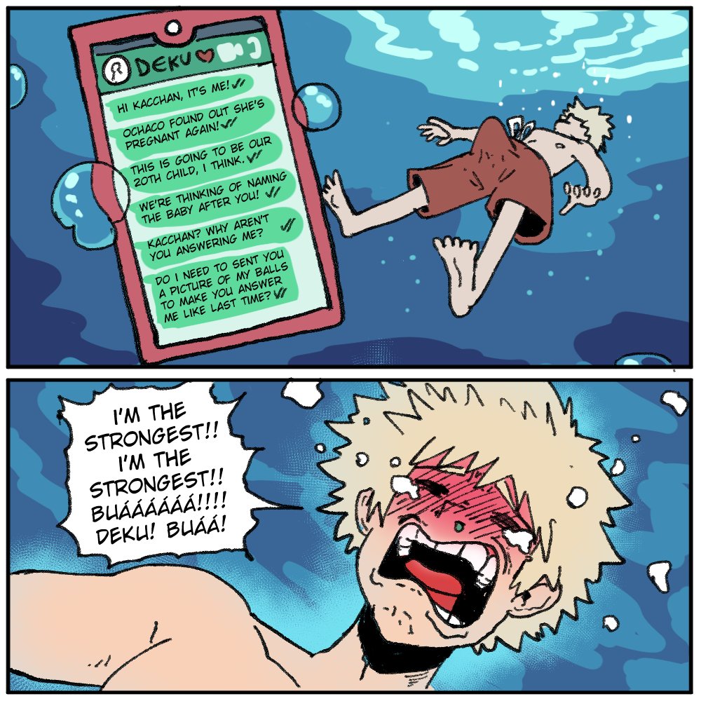 blush, closed eyes, crying, english text, erection, erection under clothes, female, izuku midoriya, katsuki bakugou, kazuya crying (meme), male, meme, my hero academia, netorare, open mouth, pool, slander, solo male, speech bubble, straight, tears, texting, wanderjegson