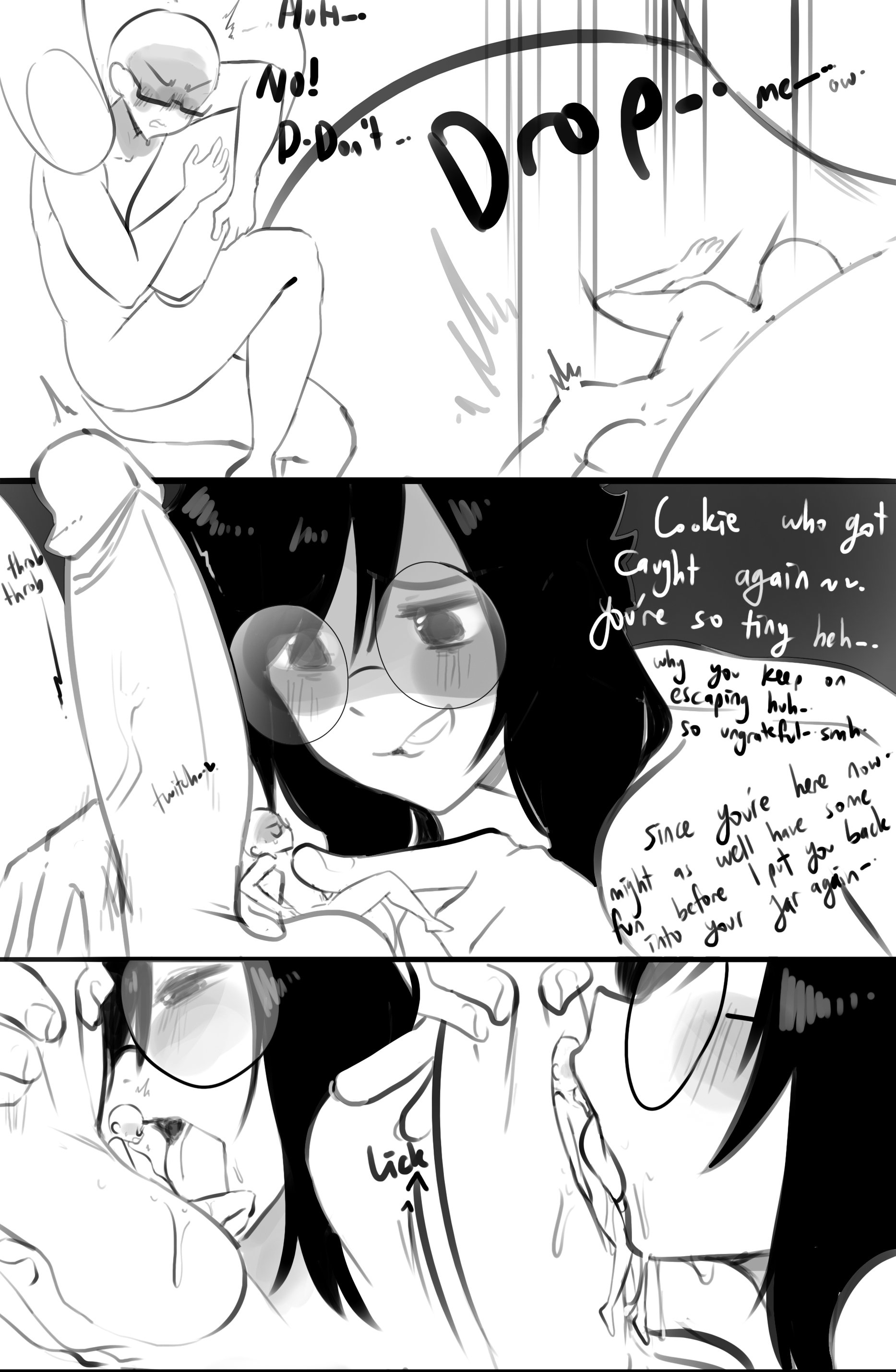 1girls, 2boys, artist insert, balls, blush, comic, english, faceless male, fellatio, female, fevv (littlefevil), giant, giant couple, giant male, giantess, glasses, littlefevil, macro, macro female, macro male, macro/micro, male, micro, micro male, miniguy, monochrome, on penis, oral, panels, penis, testicles, text