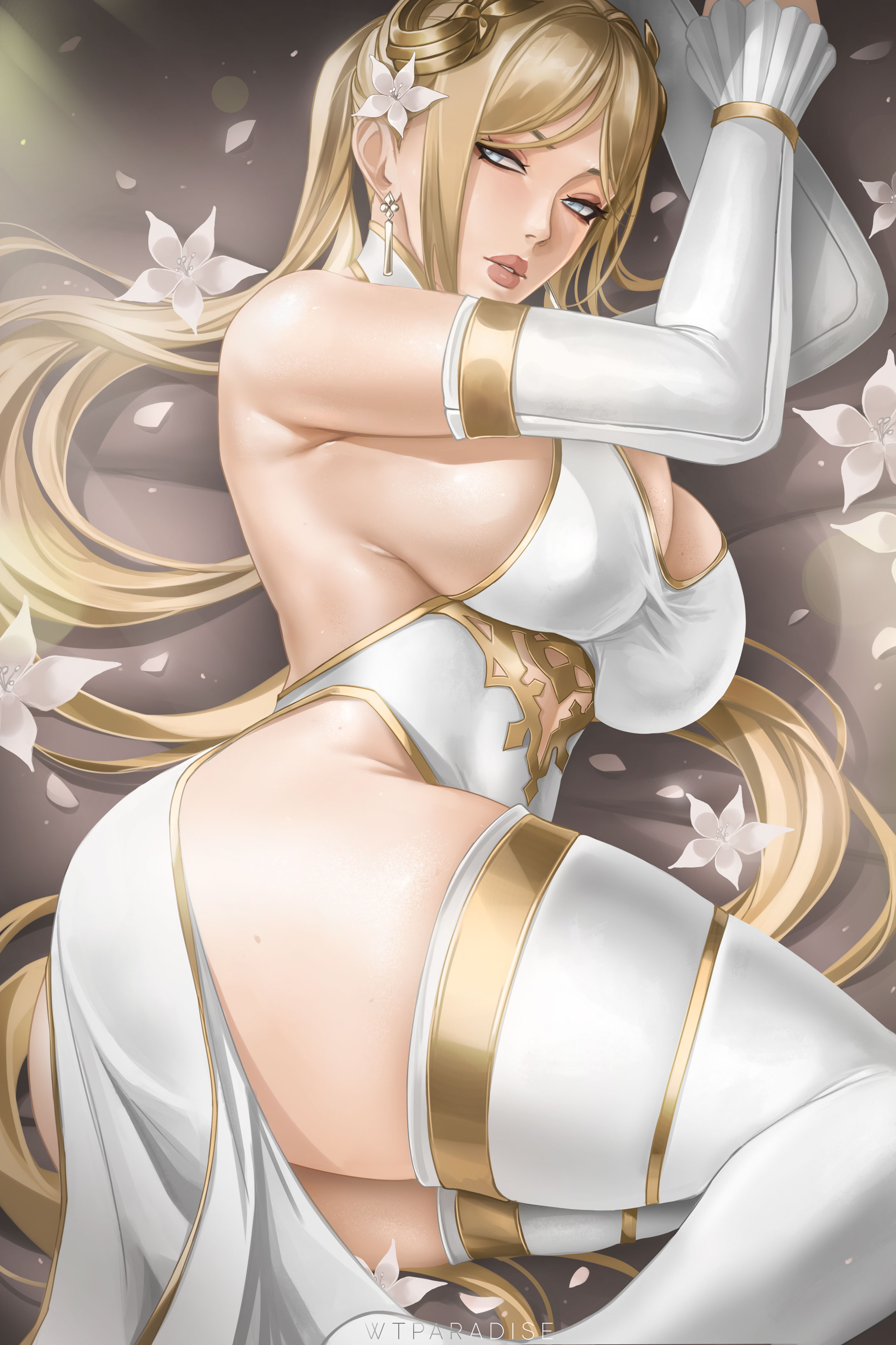 blonde hair, blue eyes, breasts, cleavage, detached sleeves, earrings, female, female only, flower, huge breasts, jewelry, long hair, lying, nier (series), nier: automata, sideboob, solo, thighhighs, wtparadise, yorha commander