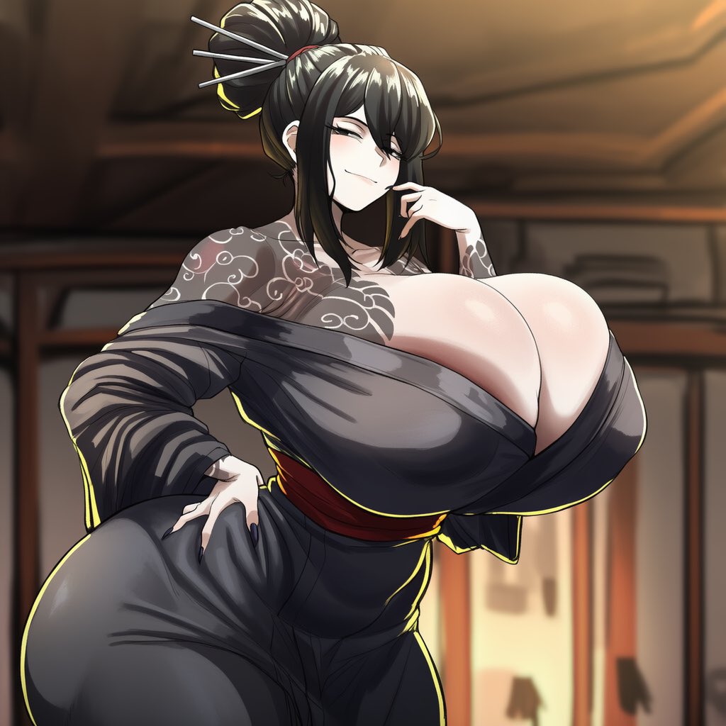 1girls, ai generated, attached, black hair, black nails, breasts, cinderhee, female, irezumi, kimono, kurokumo clan, library of ruina, long hair, pale skin, pale-skinned female, project moon, sayo (library of ruina), seductive, seductive look, seductive smile, solo, solo female, tattoo, tattoo on breast, tattoo on chest, tattoo on shoulder, tattoos, yakuza tattoo