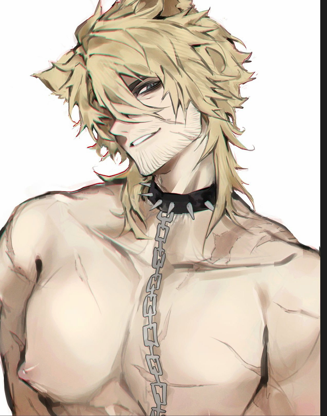 artist request, blonde hair, cat ears, cat humanoid, chained up, chains, choker, collar, facial hair, gay, gay male, genshin impact, kemonomimi, looking at viewer, male, male only, muscles, muscular, muscular male, muscular pecs, pecs, scar, simple background, smile, smiling, smiling at viewer, solo, solo male, spiked collar, submissive, submissive male, submissive top, varka (genshin impact), white background, yaoi