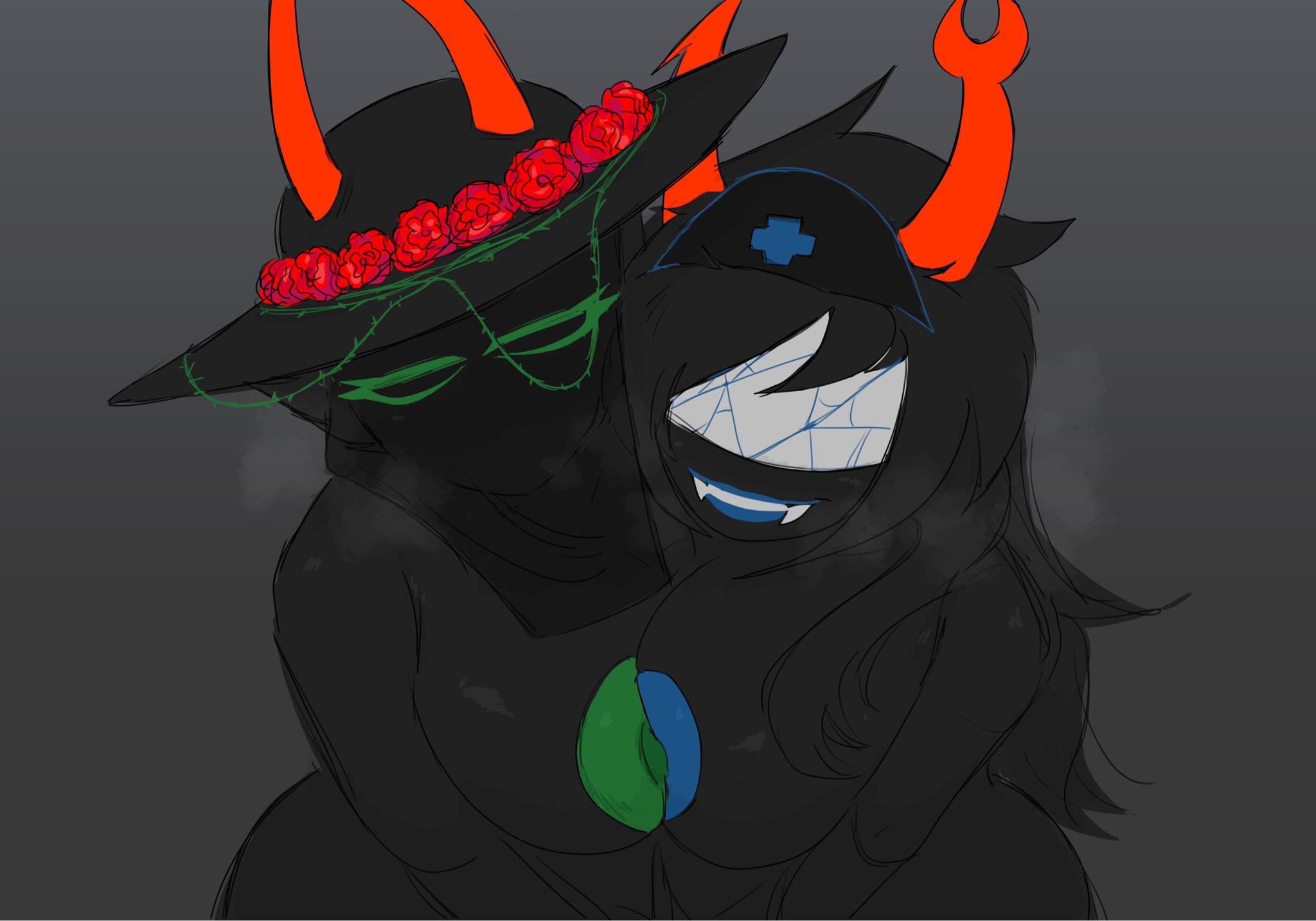 2girls, alien, alien girl, ancestor (homestuck), beforan ancestor, electric (artist), female, homestuck, homestuck troll, kanaya maryam, lamplady swansong, tagme, the gardener, troll (homestuck), vriska serket, yuri