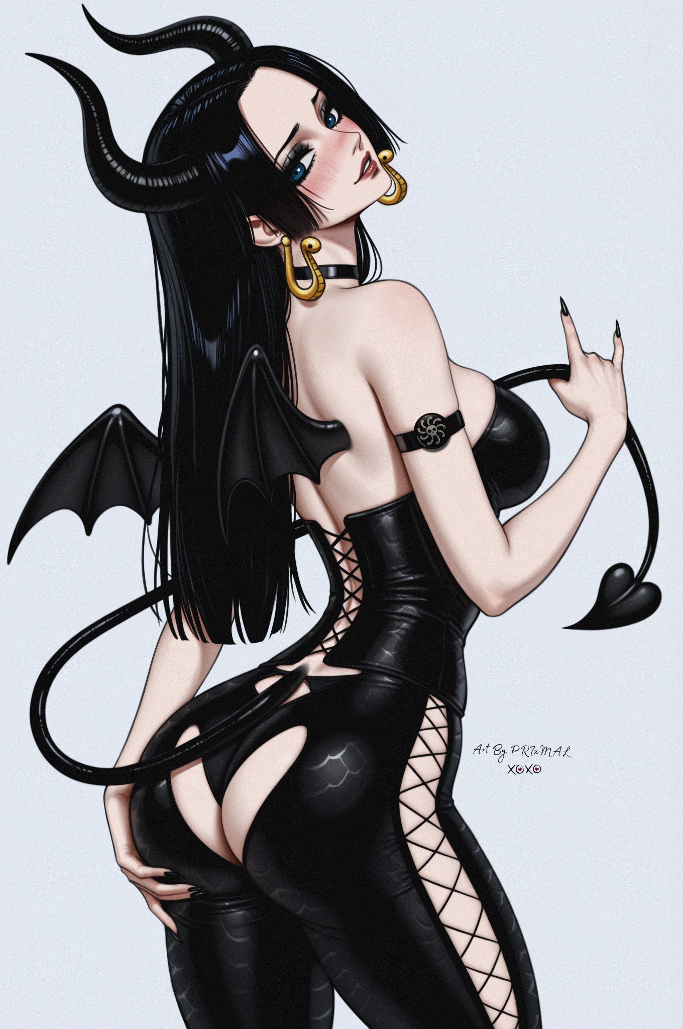 1girls, ass, ass grab, back view, black hair, black nails, black pants, black-haired female, blue eyes, blush, boa hancock, corset, cute face, earrings, eyeshadow, female, female focus, female only, gold earrings, halloween, halloween costume, happy, high quality, highres, lips, long hair, long nails, nail polish, one piece, panties, pattern clothing, prixmal, red lipstick, sexy, signature, succubus, succubus horns, succubus tail, succubus wings