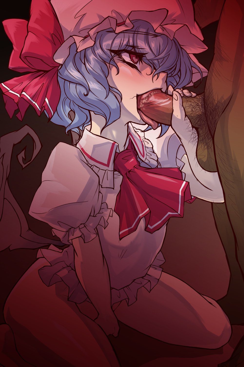 1boy ascot bat_wings blue_hair blush bottomless breasts censored dark-skinned_male fellatio female fingering frills hair_ornament hair_ribbon handjob hat hat_ribbon heart heart-shaped_pupils highres kneeling male masturbation mob_cap oral penis pubic_hair puffy_short_sleeves puffy_sleeves red_eyes remilia_scarlet ribbon sex shirt short_sleeves solo_focus stray_pubic_hair symbol-shaped_pupils tongue tongue_out touhou wanaata wings