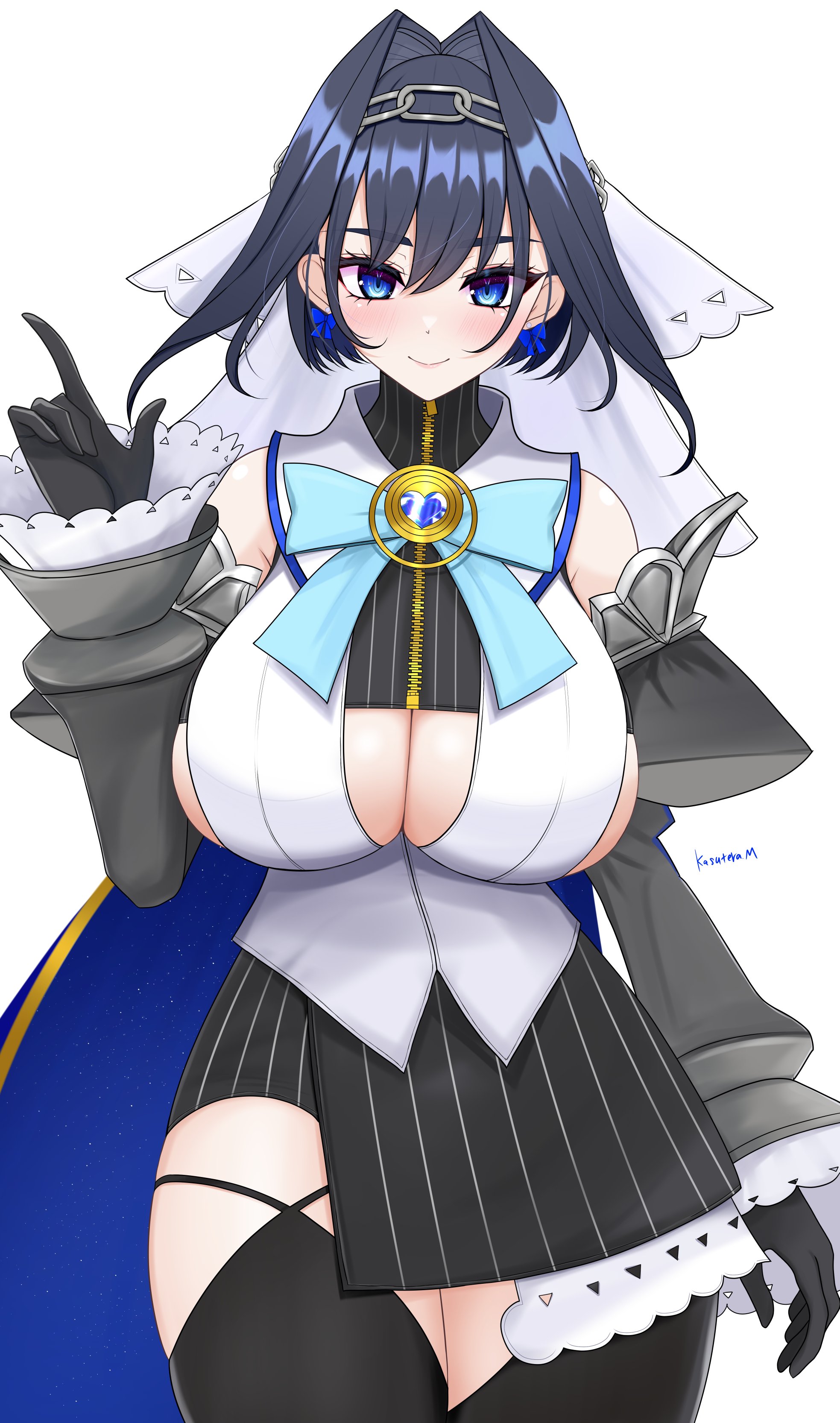 1girls, 2025, big breasts, black hair, blue eyes, blue hair, blush, breasts, clothed, clothing, collar, female, female only, fully clothed, hi res, hololive, hololive english, hololive english -council-, hololive english -promise-, kasuterastellar, large breasts, light skin, light-skinned female, multicolored hair, ouro kronii, simple background, solo, sweat, sweatdrop, thick thighs, thighs, virtual youtuber, white background, white skin