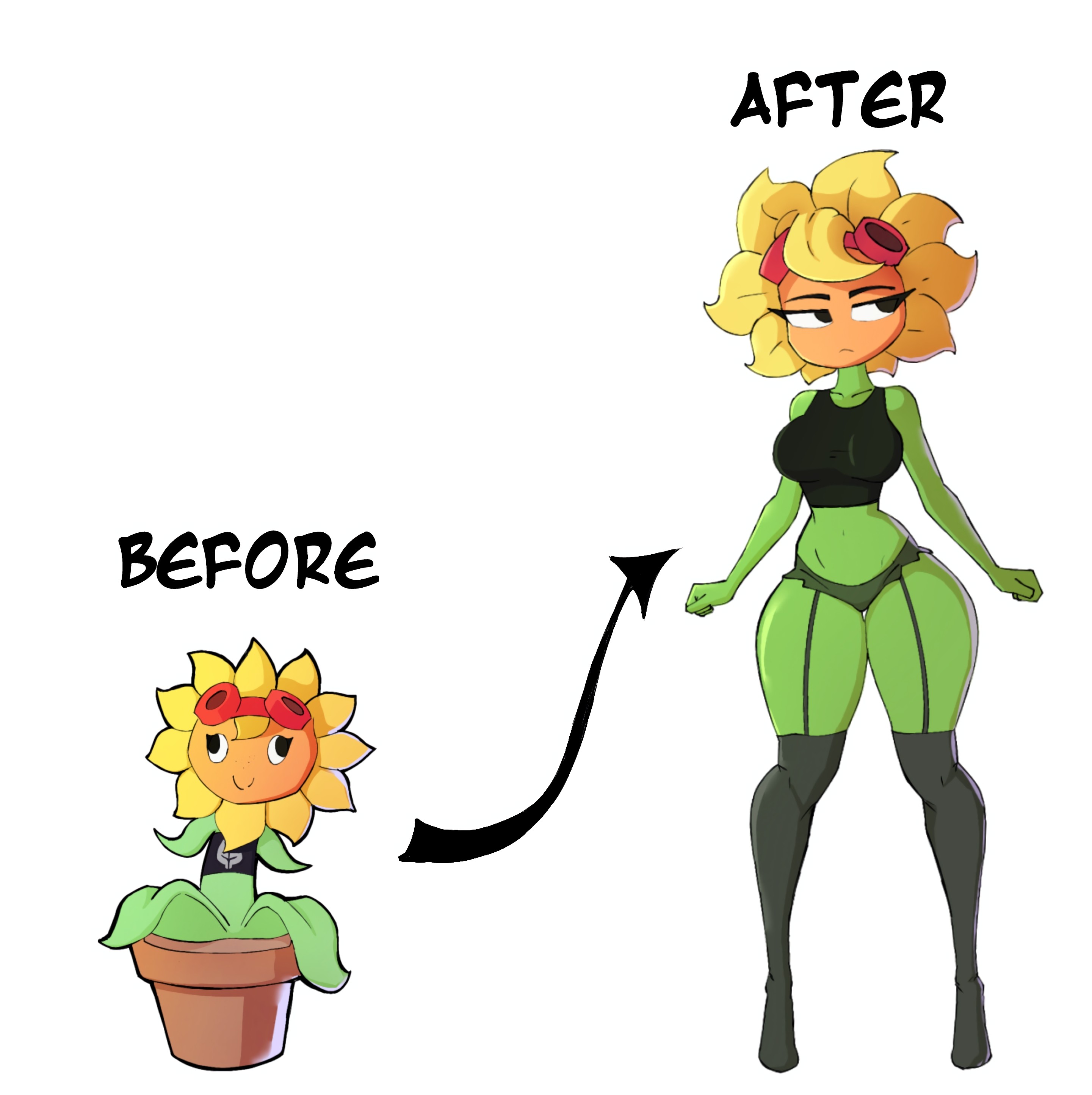 big breasts, black eyes, blonde hair, breasts, breekn, crop top, female, flower, flower girl, garter belt, garter straps, green skin, plant, plant girl, plants vs zombies, popcap games, pvz, solar flare (pvz), standing, stockings, sunflower, sunflower (pvz)