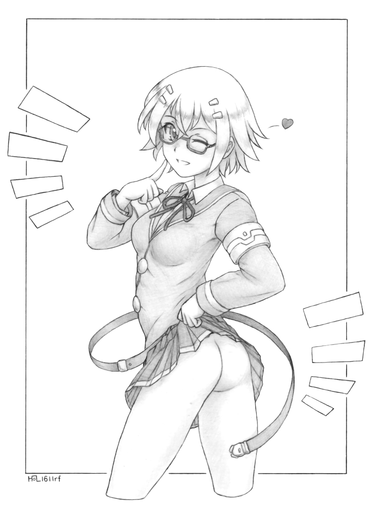 ass female greyscale harumachi_nagaaki monochrome no_panties open_mouth school_uniform short_hair skirt skirt_lift smile solo thighs tongue