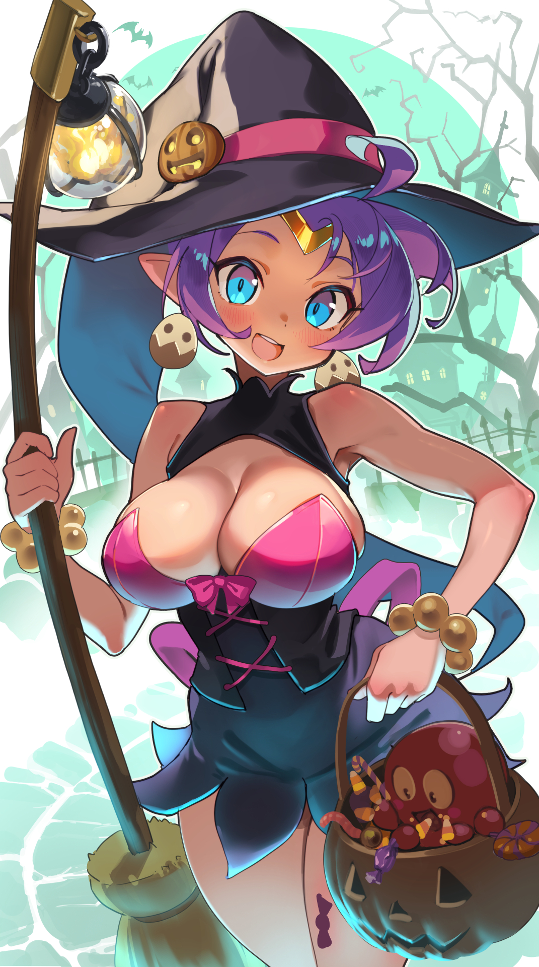 1girls, 2d, 2d (artwork), 2d artwork, bare arms, bare shoulders, blue eyes, breasts, broom, ear piercing, earrings, female, halloween, halloween costume, life is pi, midriff, navel, purple hair, shantae, shantae (character), shantae and the pirate's curse, thick thighs, wayforward, witch costume, witch hat