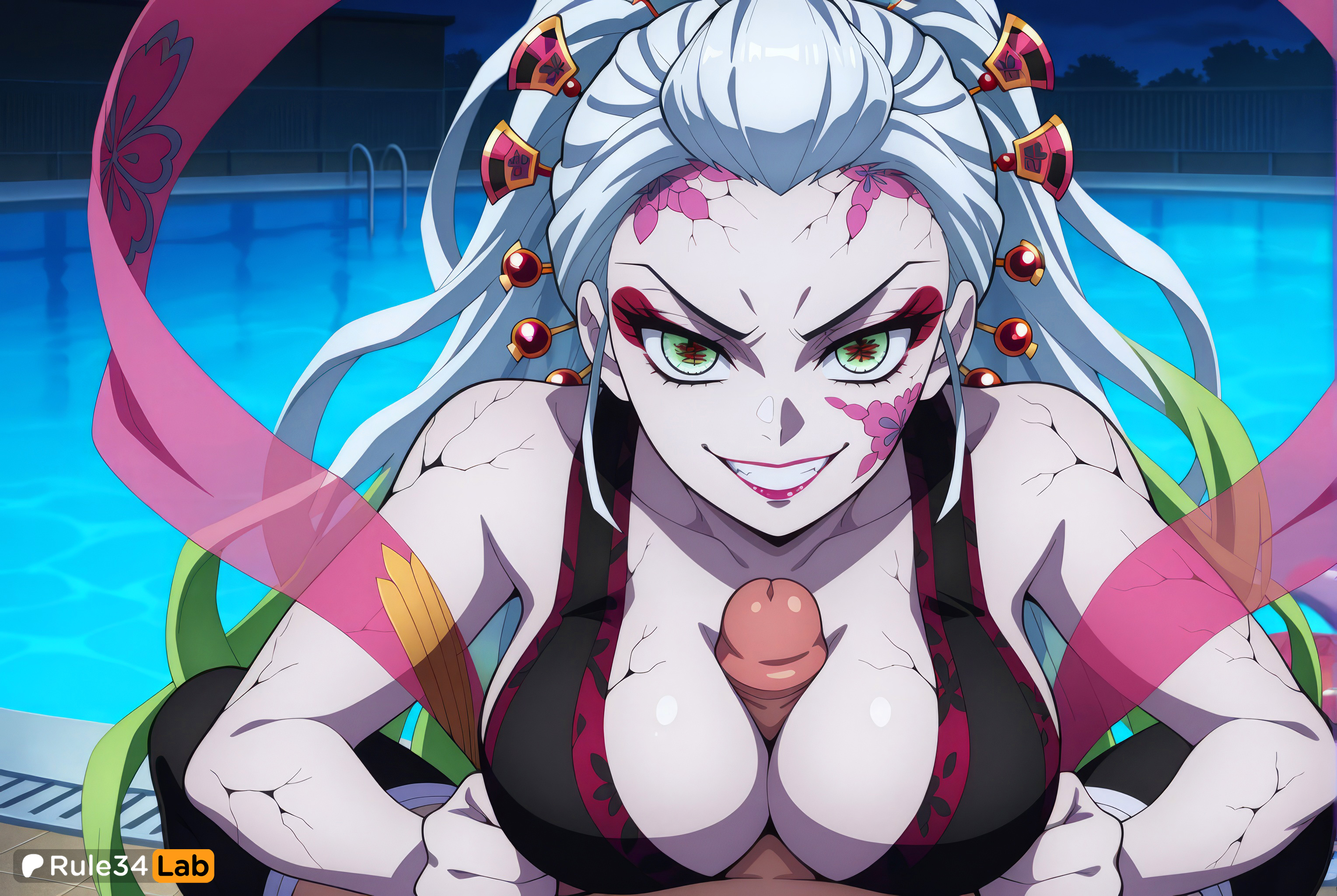 1boy, 1boy1girl, 1girls, ai generated, breasts, breasts squeezed together, cleavage, colored skin, daki (kimetsu no yaiba), demon slayer, female, green eyes, green hair, grin, hair ornament, hi res, kimetsu no yaiba, large breasts, long hair, looking at viewer, makeup, male, multicolored hair, paizuri, paizuri under clothes, pale skin, penis, pool, pov, rule34lab, smile, solo focus, straight, uncensored, veins, veiny penis, white hair