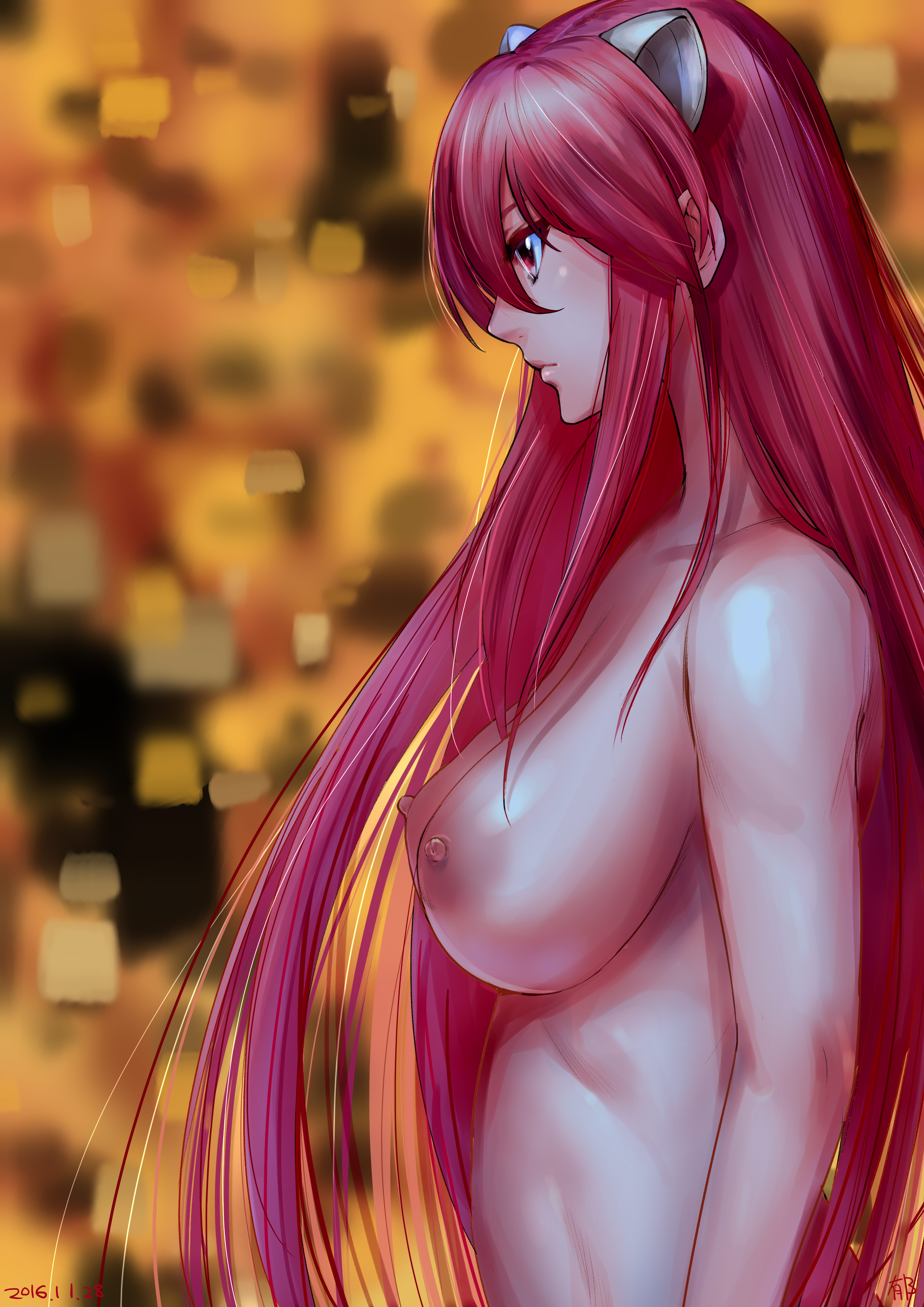 2016, areolae, artist request, breasts, dated, elfen lied, female, gradient background, horns, lips, lucy (elfen lied), nipples, nude, red eyes, red hair, sideboob, solo, very long hair