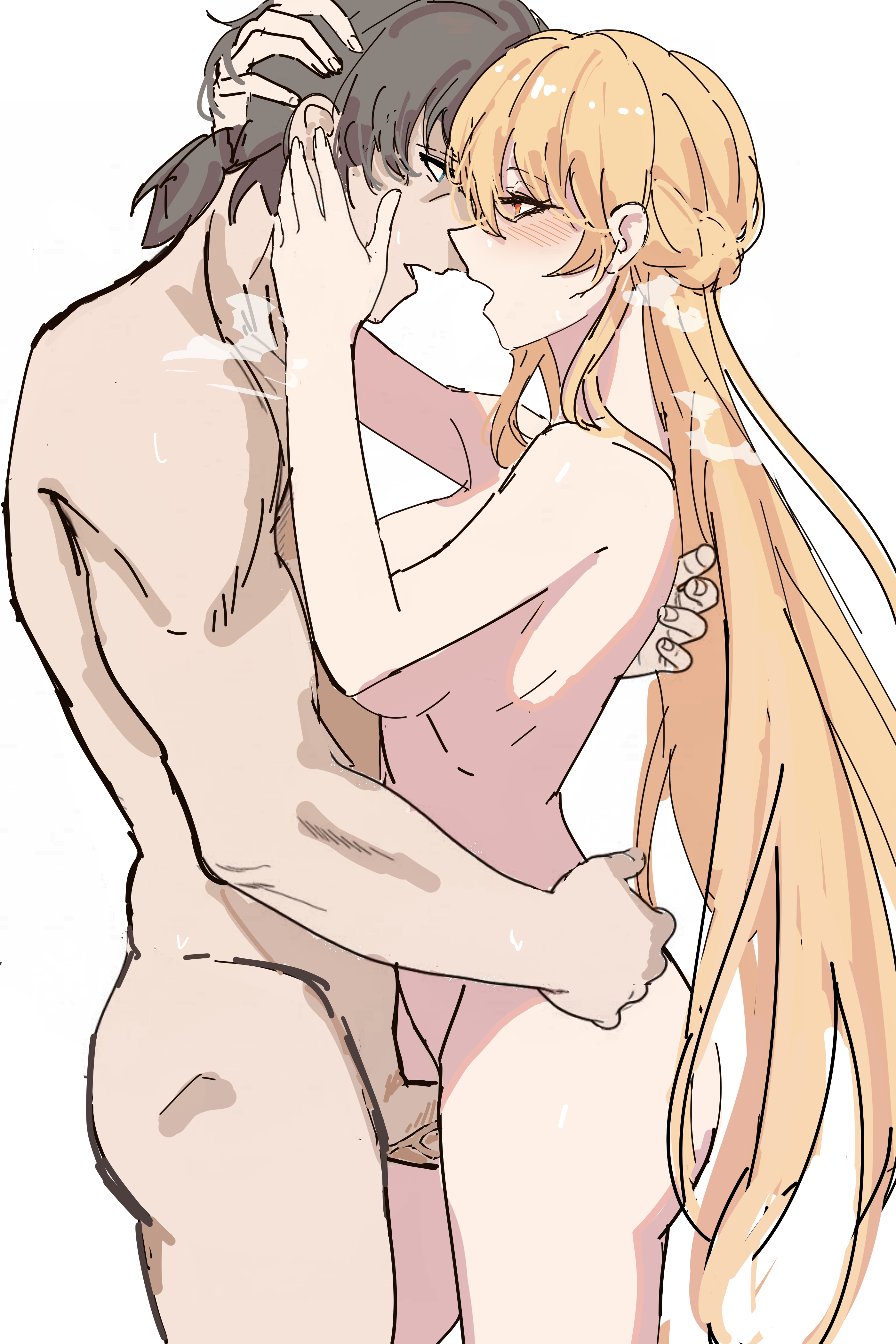 1boy, 1girls, arms around neck, arms around partner, arms around waist, ass, black hair, blonde hair, blush, bottomless, breasts, commander (girls' frontline), female, girls' frontline, girls' frontline 2: exilium, groza (girls' frontline 2), hand on head, heavy breathing, long hair, looking at another, looking at partner, male, medium breasts, naked, nude, open mouth, orange eyes, ots-14 (girls' frontline), penis, pussy, sex, shino duka, side view, sideboob, sketch, standing, standing missionary, standing sex, sweat, sweatdrop, topless, vaginal penetration, vaginal sex