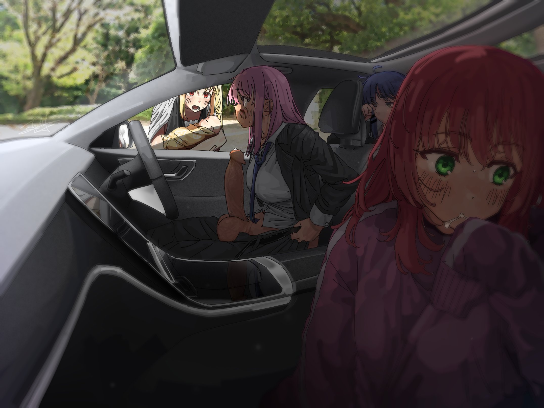 1futa, 2d, 2d (artwork), 3girls, after fellatio, balls, blush, blushing, bocchi the cock, bocchi the rock!, breasts, car, car blowjob, caught, clothed, clothing, color, colored, cum bubble, cum drip, erection, female, futa focus, futa with female, futanari, gotou hitori, huge cock, human, intersex, light skin, mostly clothed, penis, solo focus, stealth sex, straysecond, tagme, waking up