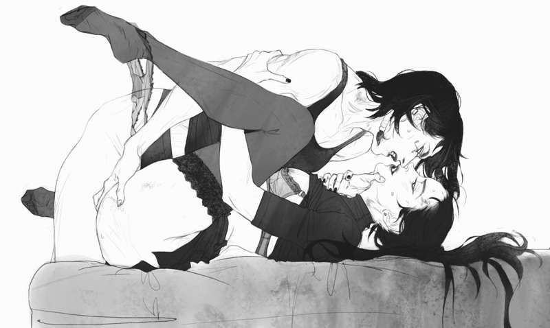 black and white, efferwescent, eye contact, female, grabbing ass, grabbing chin, grabbing face, holding face, lace, lace trim, missionary position, overwatch, pharah, tanktop, widowmaker, yuri
