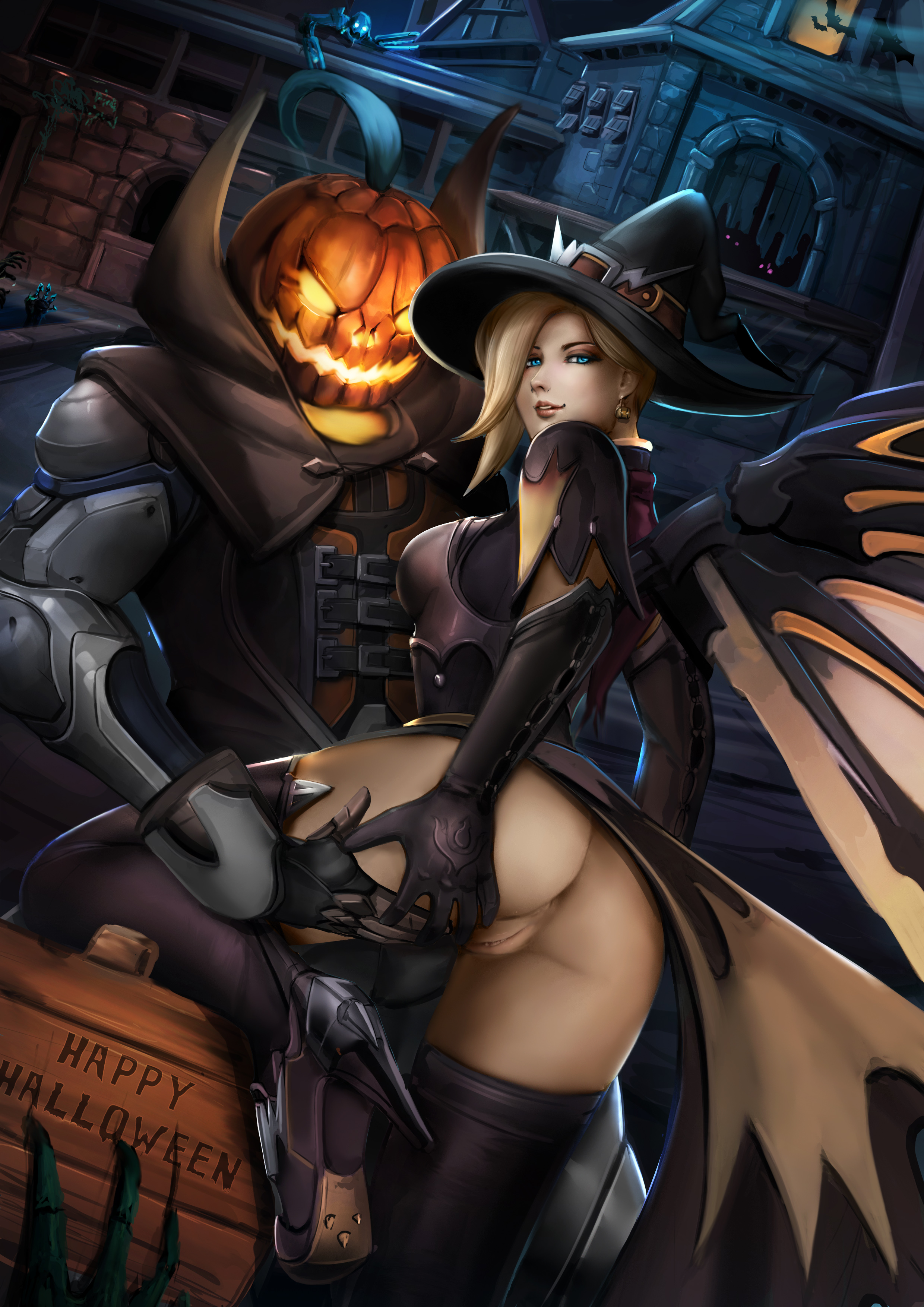 1boy, 1girls, absurdres, adapted costume, alternate costume, anus, artist request, ass, blizzard entertainment, blonde hair, blue eyes, breasts, costume, duo, earrings, elbow gloves, female, gauntlets, gloves, halloween, halloween costume, happy halloween, hat, high heels, highres, holidays, human, jack-o'-lantern, jewelry, large breasts, legwear, long hair, looking back, male, mechanical wings, mercy, overwatch, overwatch 2, pumpkin, pumpkin reaper, pussy, reaper, shoes, sideboob, smile, smirk, wings, witch, witch hat, witch mercy