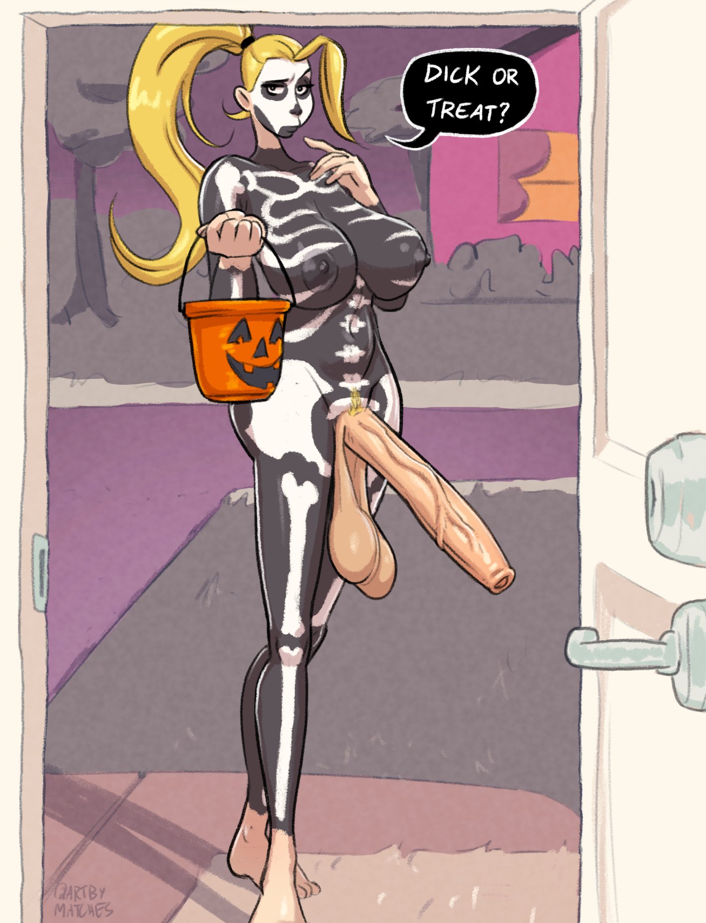1futa, artbymatches, blonde hair, bodypaint, breasts, dickgirl, erection, foreskin, futanari, halloween, huge cock, intersex, inviting, penis, solo, trick or treat, uncircumcised
