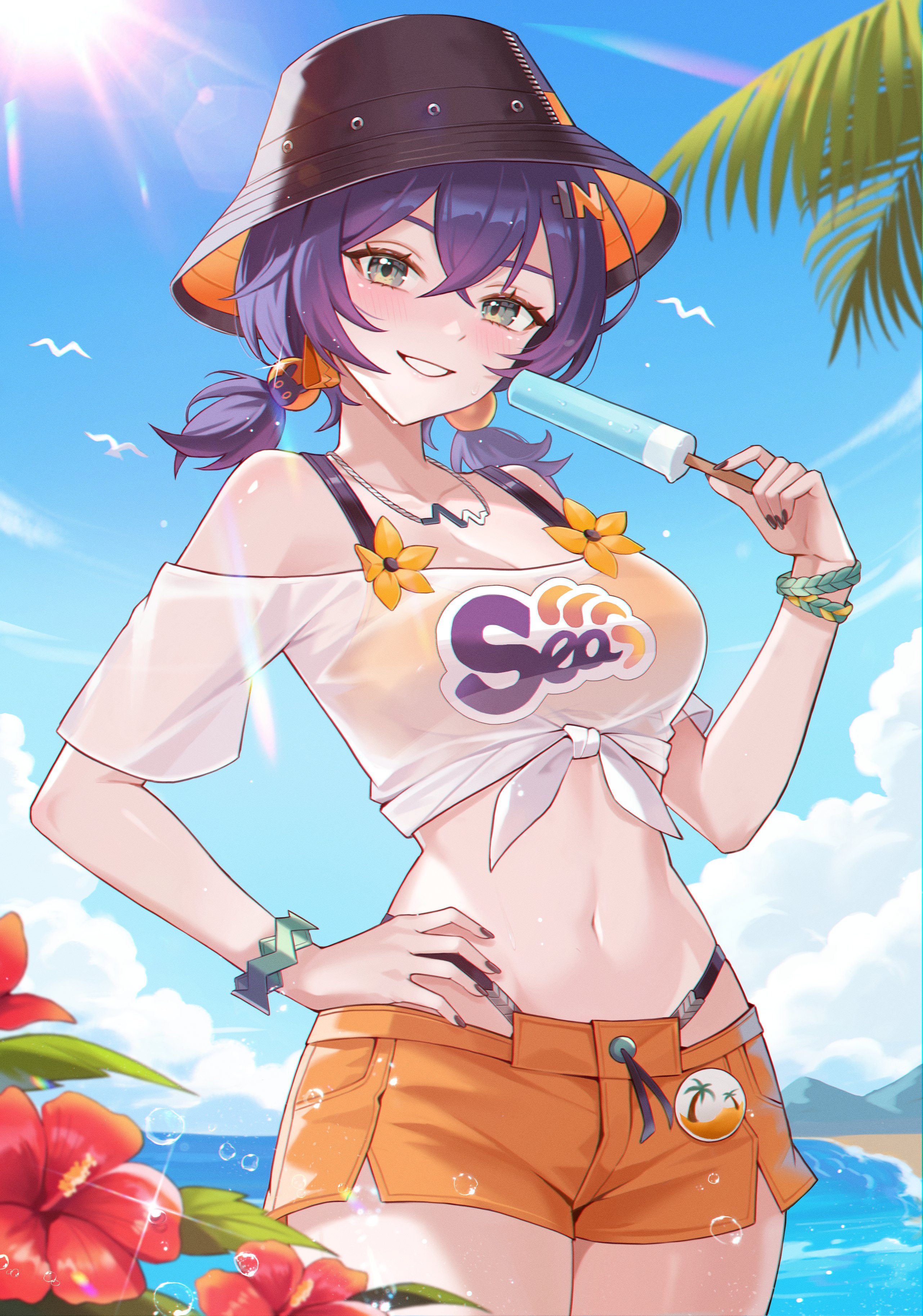 1girls, absurdres, beach, belle (summer skies) (zenless zone zero), belle (zenless zone zero), bikini, bikini visible through clothes, blue hair, blue sky, breasts, bucket hat, commentary, day, female, female only, food, green eyes, hashtag-only commentary, hat, highres, holding, holding food, holding popsicle, looking at viewer, medium breasts, midriff, navel, ocean, off shoulder, off-shoulder shirt, official alternate costume, official alternate hairstyle, orange bikini, orange shorts, outdoors, popsicle, see-through clothes, see-through shirt, shirt, short hair, shorts, sky, solo, ssatang 118, stomach, swimsuit, tied shirt, white shirt, zenless zone zero