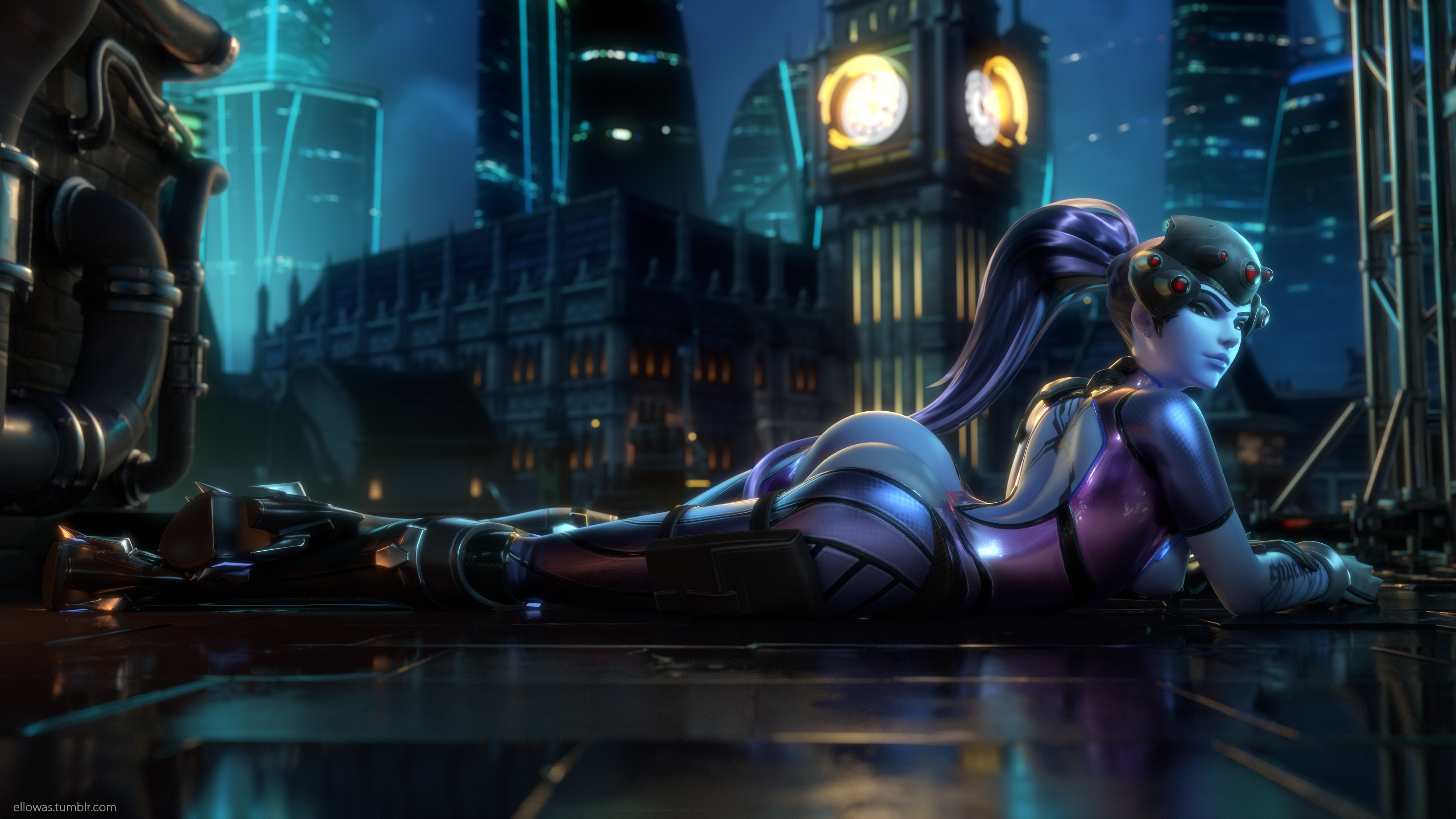 16:9, 1girls, 3d, absurdres, areolae, ass, big ass, breasts, cleavage, ellowas, female, female only, highres, huge ass, long hair, looking at viewer, lying, overwatch, ponytail, purple hair, purple skin, solo, tied hair, widowmaker