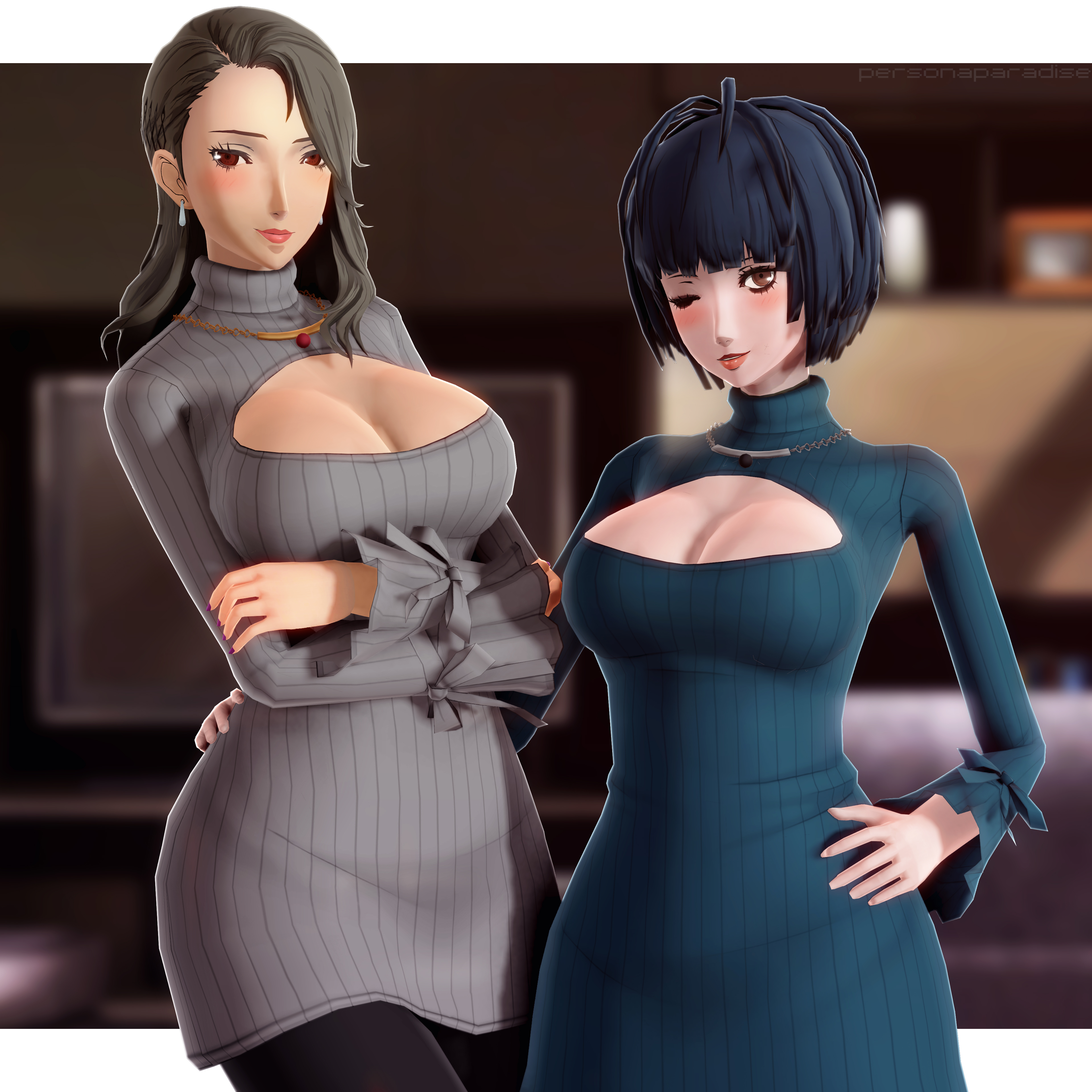 1:1, 2girls, 3d, big breasts, blue hair, boob window, breasts, cleavage, cleavage cutout, female, female only, keyhole sweater, large breasts, megami tensei, multiple females, multiple girls, persona, persona 5, personaparadise, sae niijima, silver hair, sweater, tae takemi